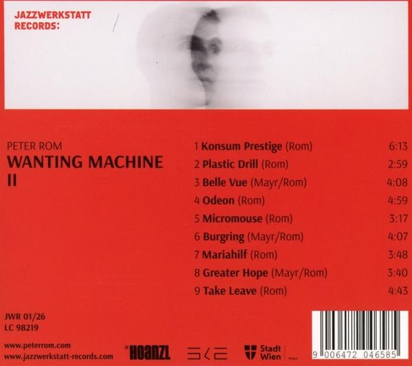 CD-Rückseite von Peter Rom, Wanting Machine II, mit Trackliste und Logos.