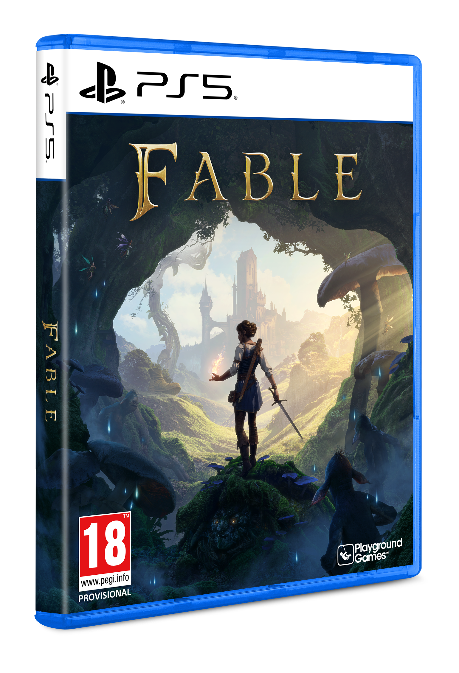 Fable PS5 Spielhülle: Frau mit Schwert und Feuer vor Schloss in verwunschenem Wald