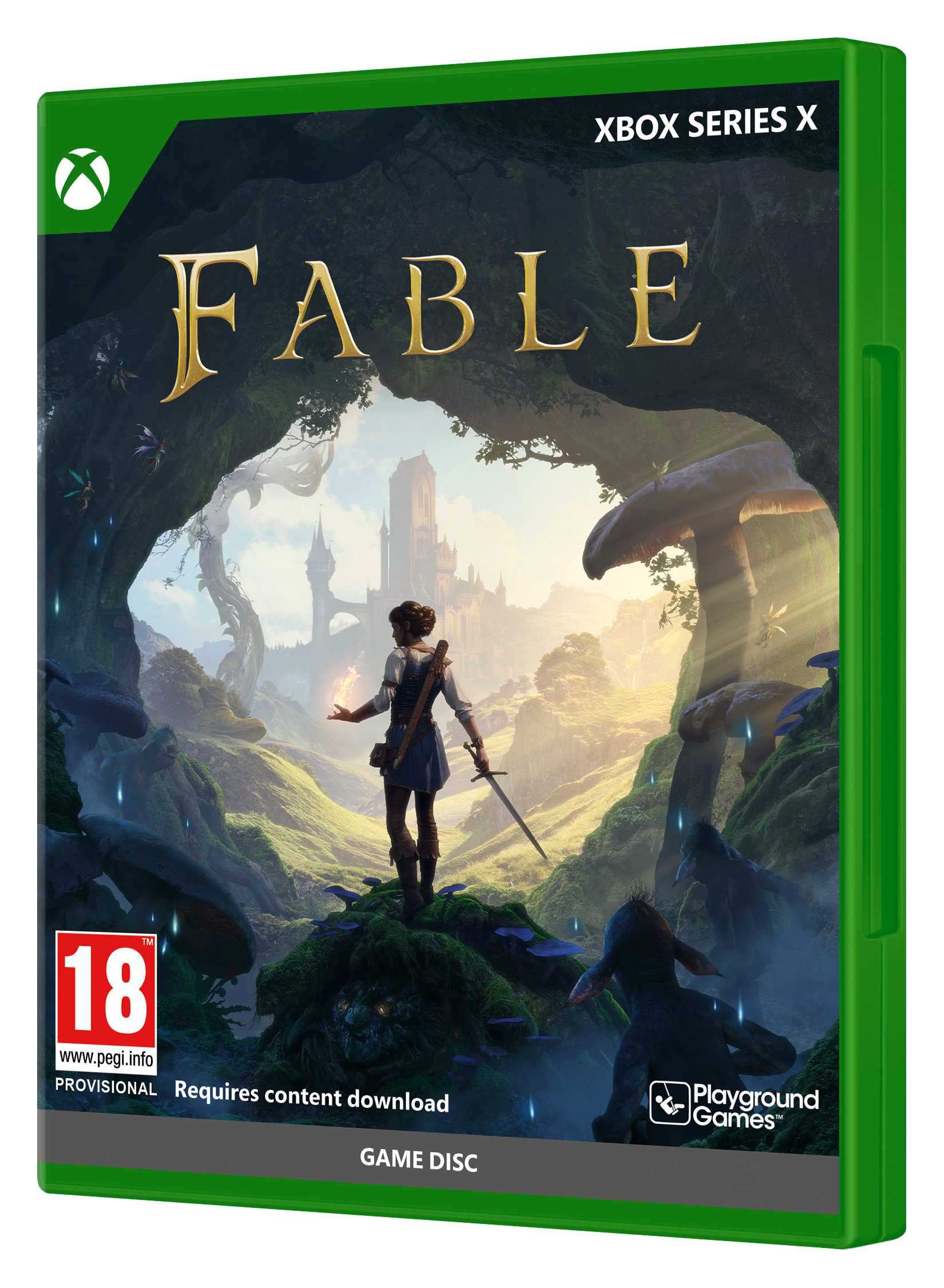 Fable Xbox Series X-Cover: Eine Frau hält Magie, blickt auf ein Schloss, mit Feen und Kreaturen.