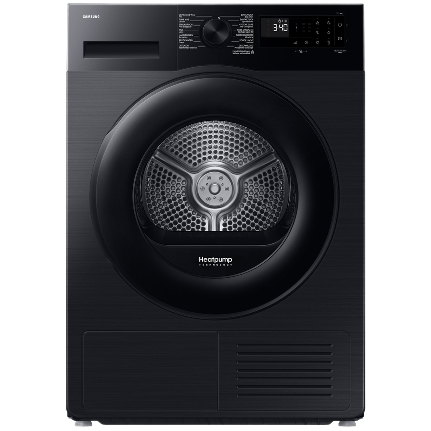 Zwarte Samsung wasdroger met ronde deur en digitaal display.