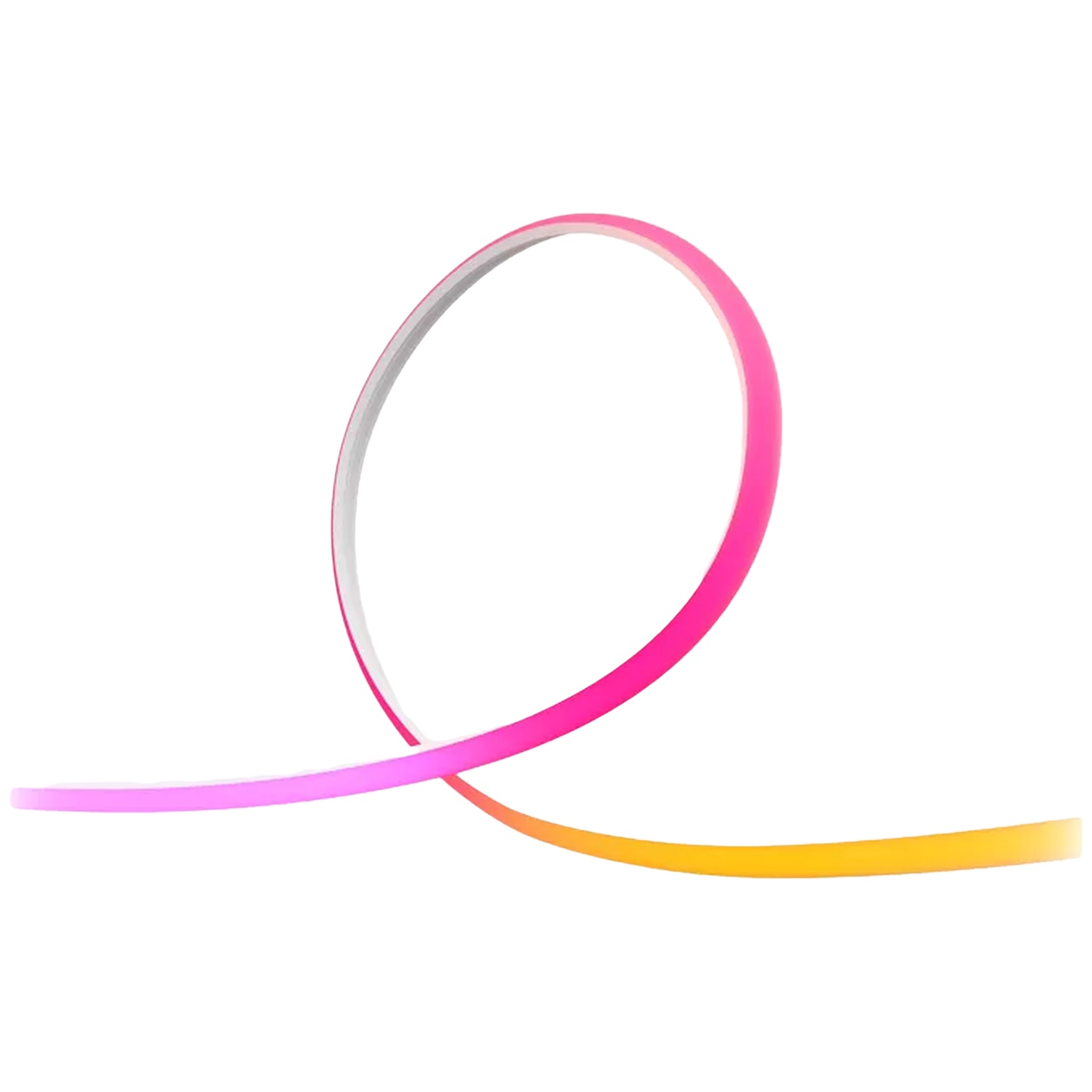 Une bande LED flexible rose, violette et jaune sur fond blanc.