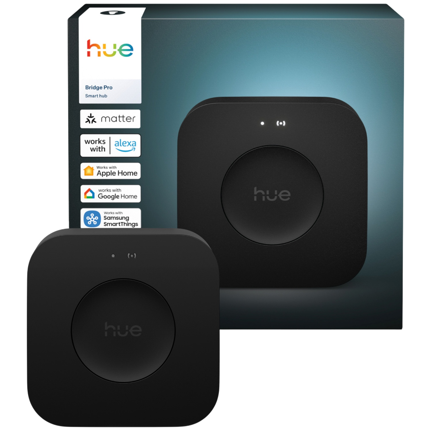 Hub intelligent Hue Bridge Pro noir avec renfoncement circulaire et logo 'hue'. Boîte montre logos.