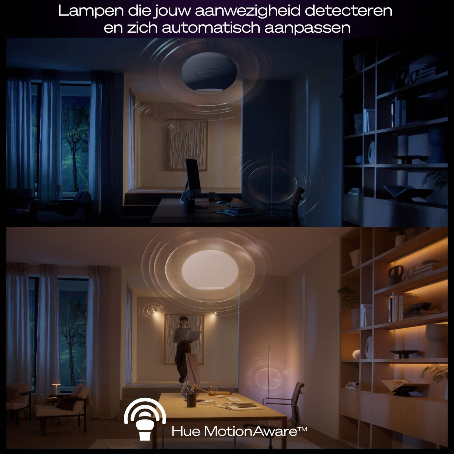 Une pièce montrée dans deux états d'éclairage : sombre en haut, lumineuse en bas avec une personne.
