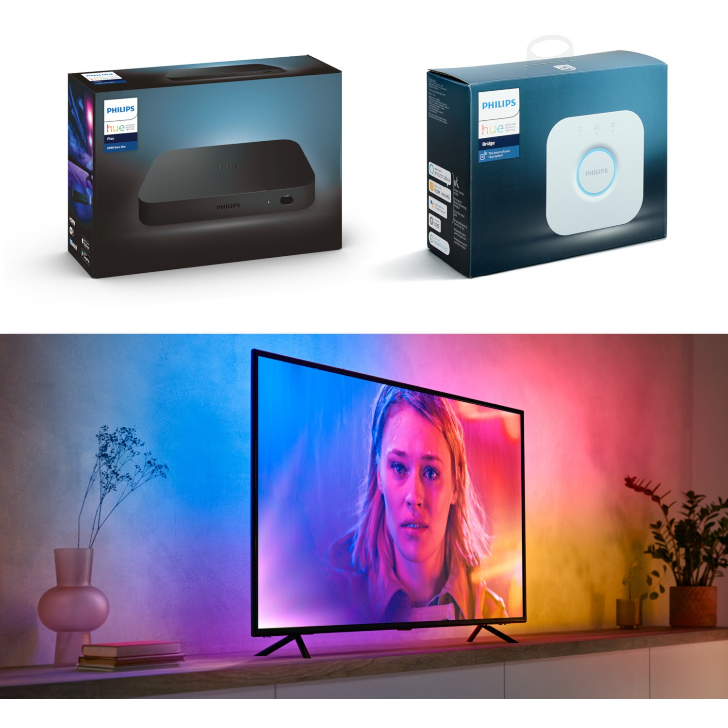 Deux boîtes Philips Hue et une télévision montrant une femme avec des lumières colorées.