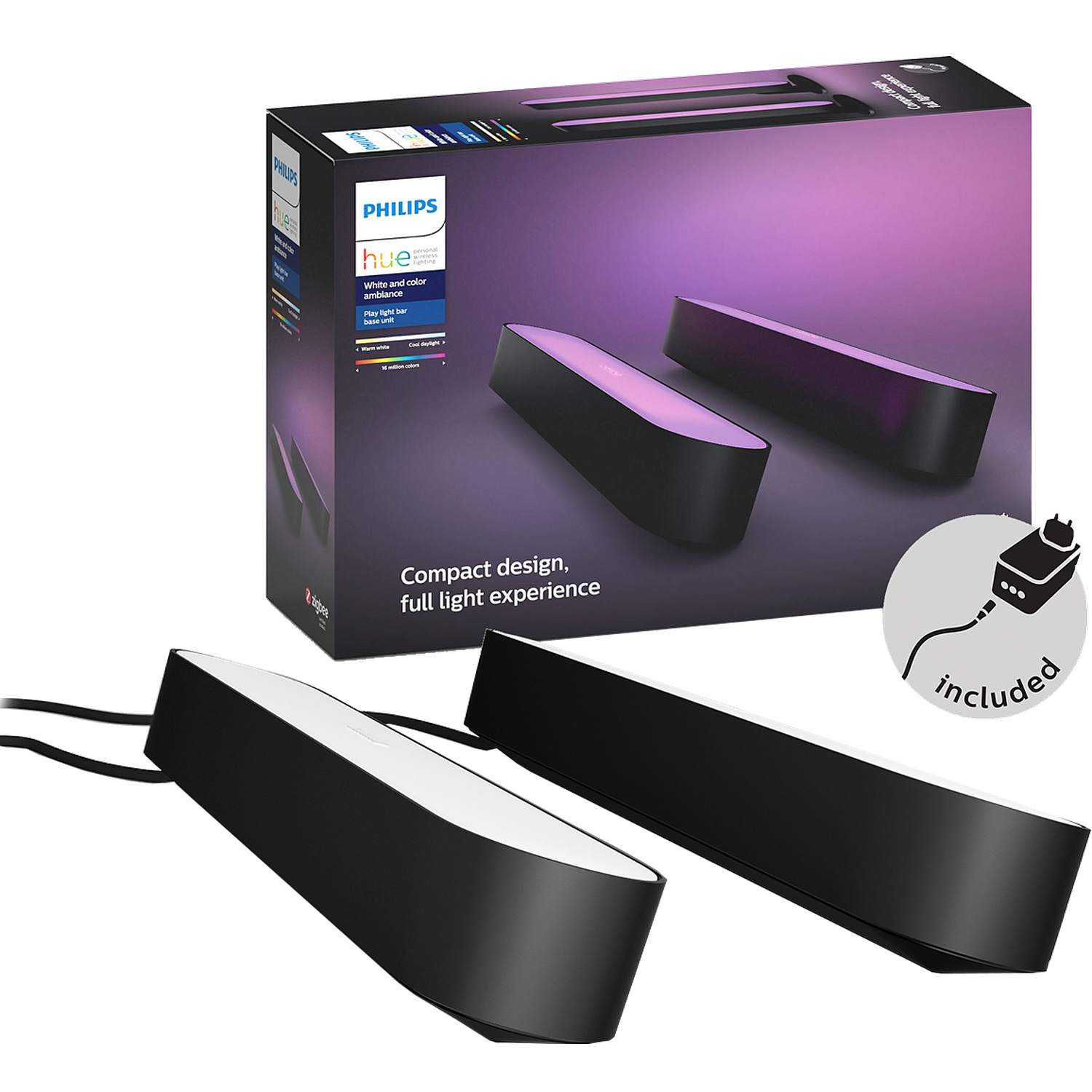 Deux barres lumineuses Philips Hue Play noires sur une boîte à effet de lumière violette.