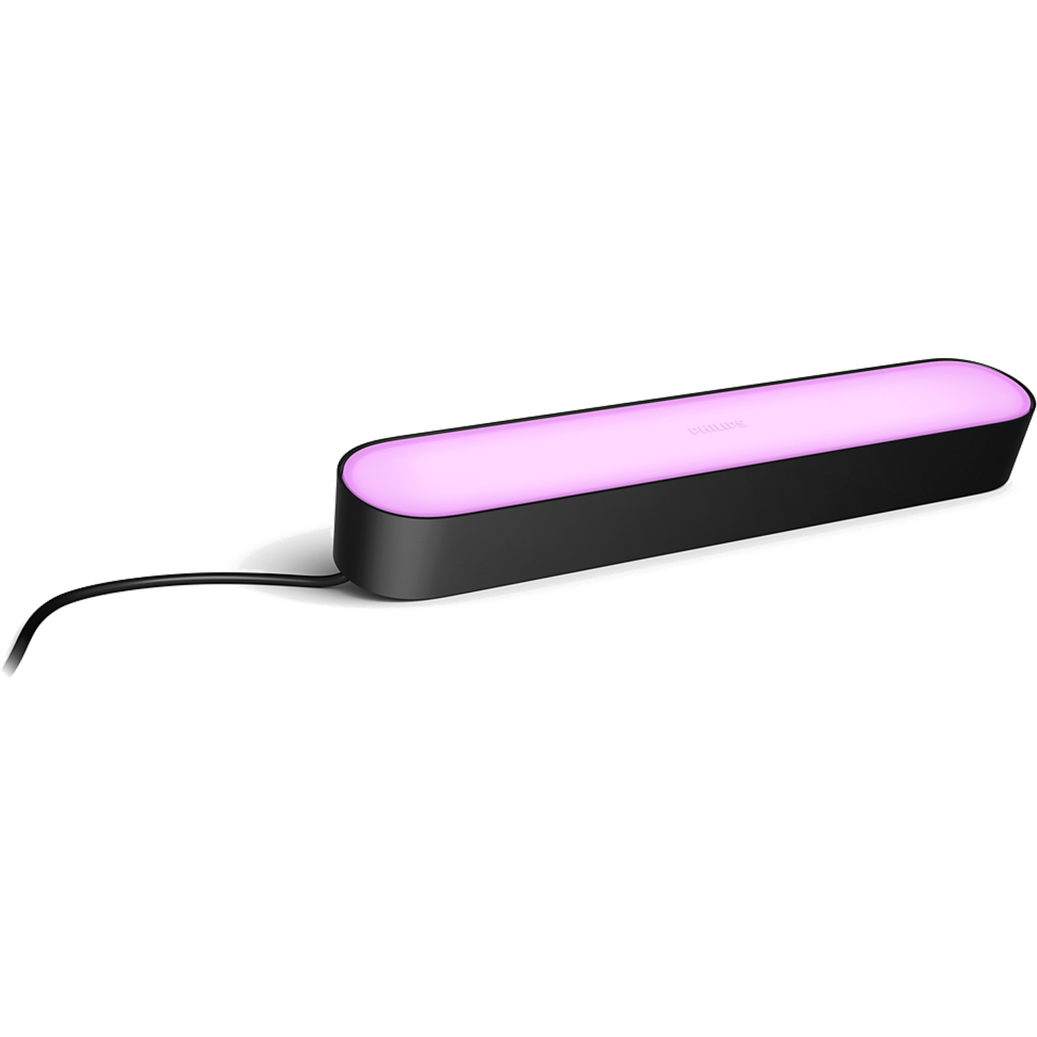 Barre lumineuse Philips noire avec éclairage rose et cordon sur fond blanc.