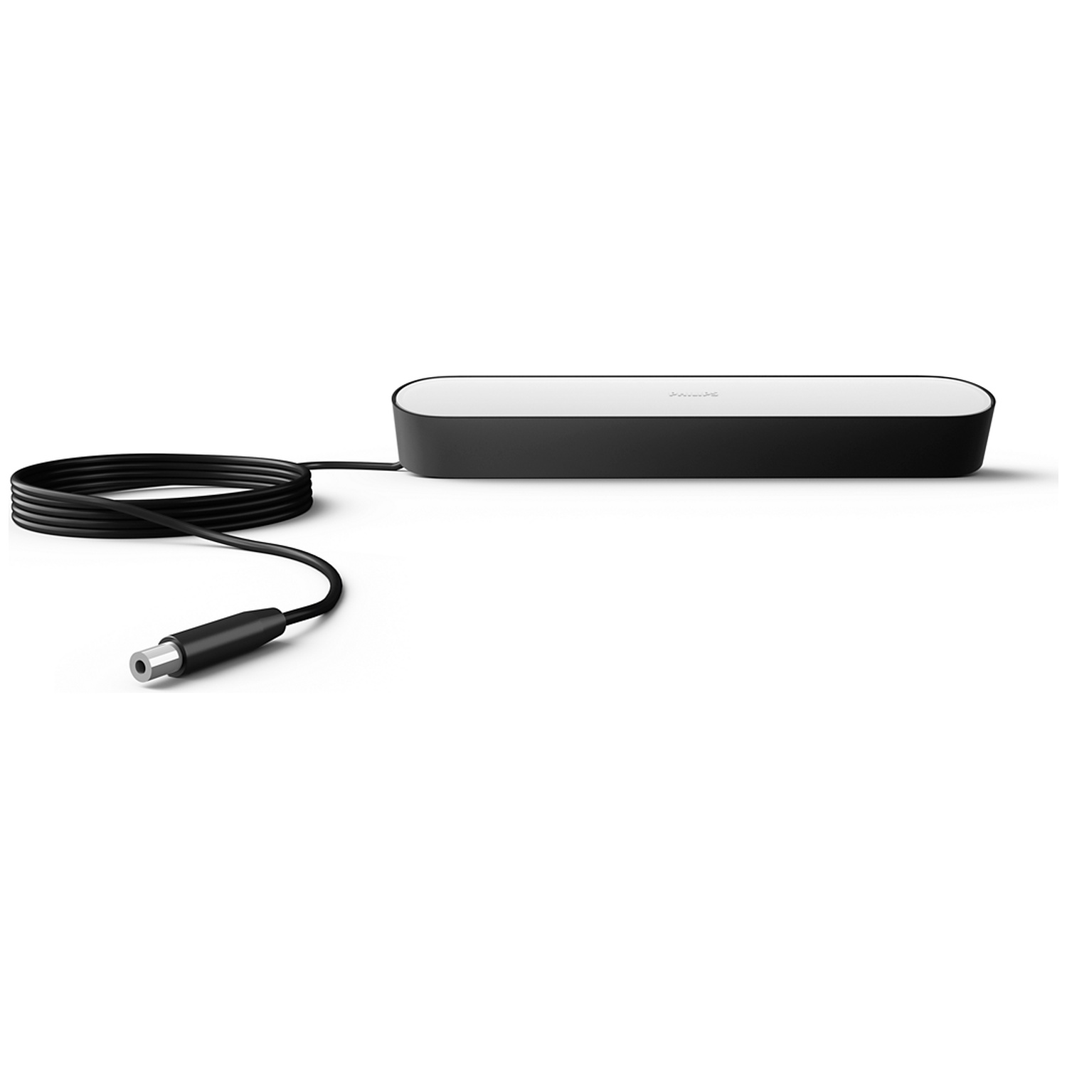 Une barre lumineuse noire avec un câble noir enroulé sur fond blanc.