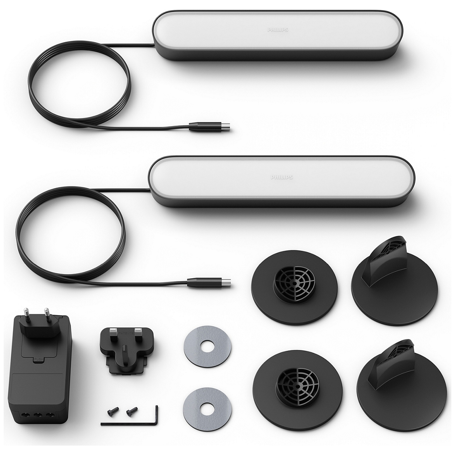 Deux barres lumineuses Philips blanches avec câbles, adaptateur secteur et supports.