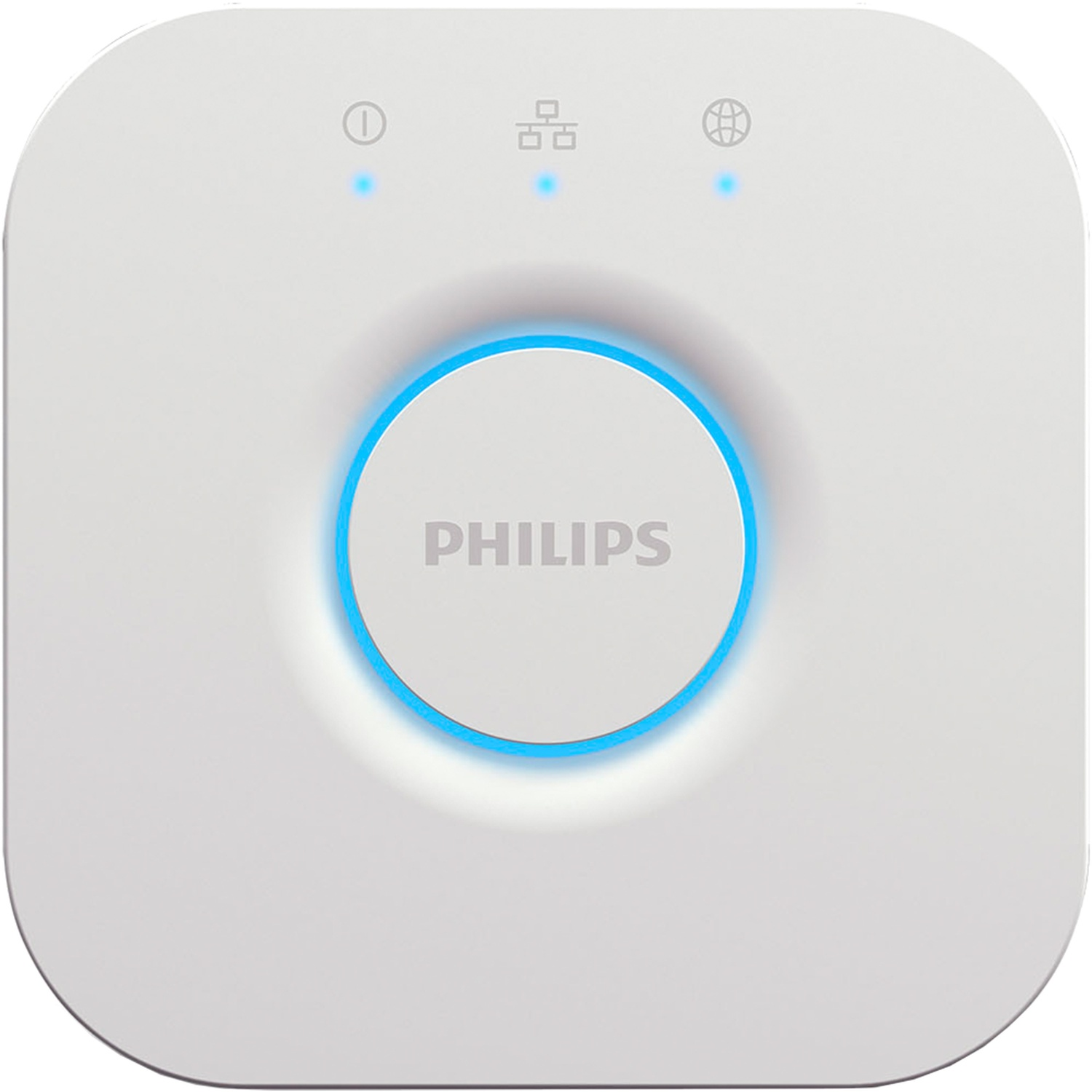 Wit Philips Hue Bridge apparaat met gloeiende blauwe cirkel en drie iconen erboven.