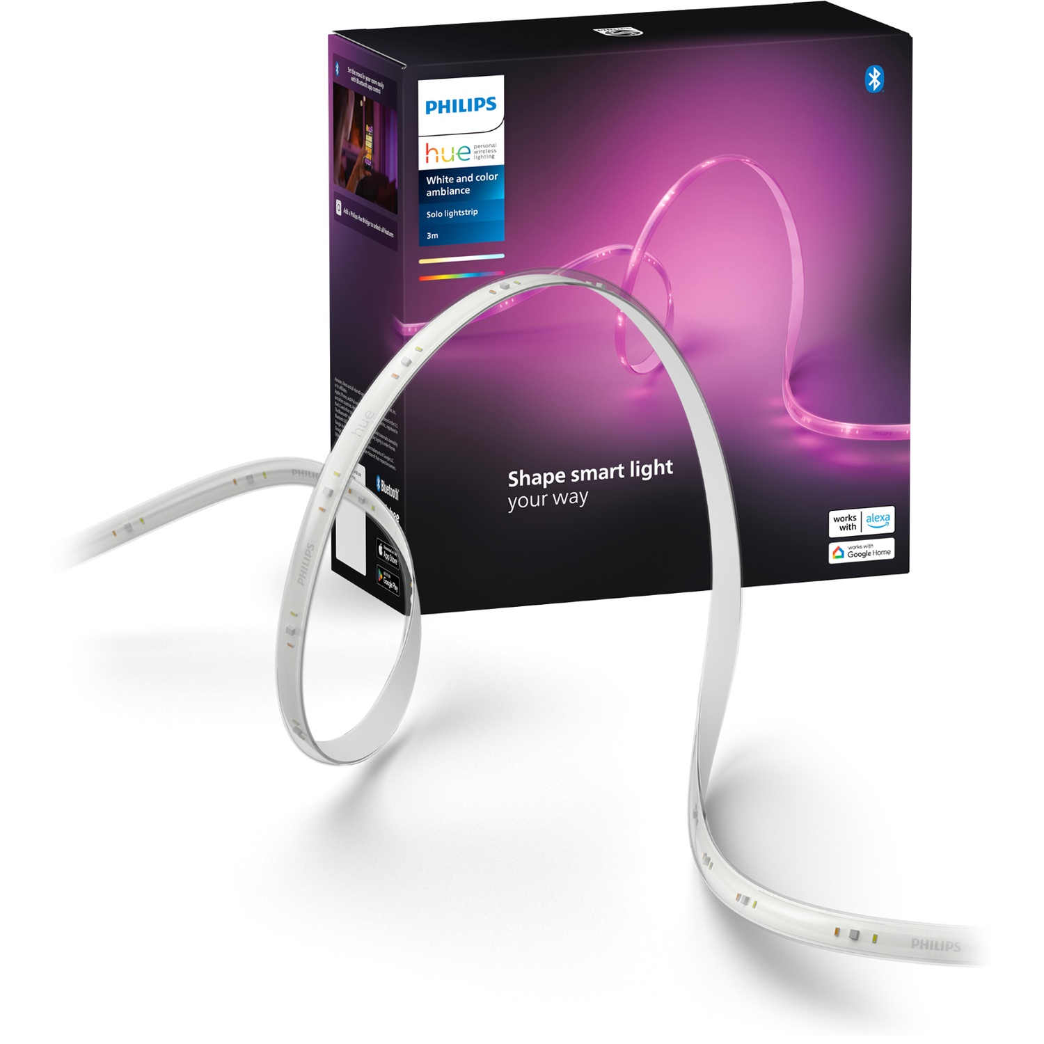 Une boîte de ruban lumineux Philips Hue avec un ruban lumineux LED blanc brillant en rose.