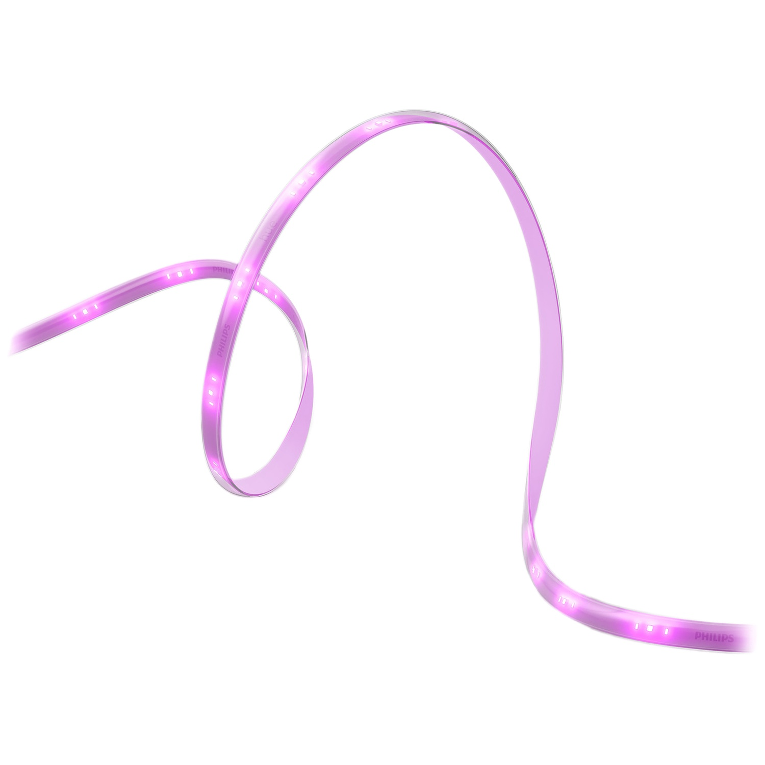Une bande lumineuse LED violette forme une boucle sur fond blanc.