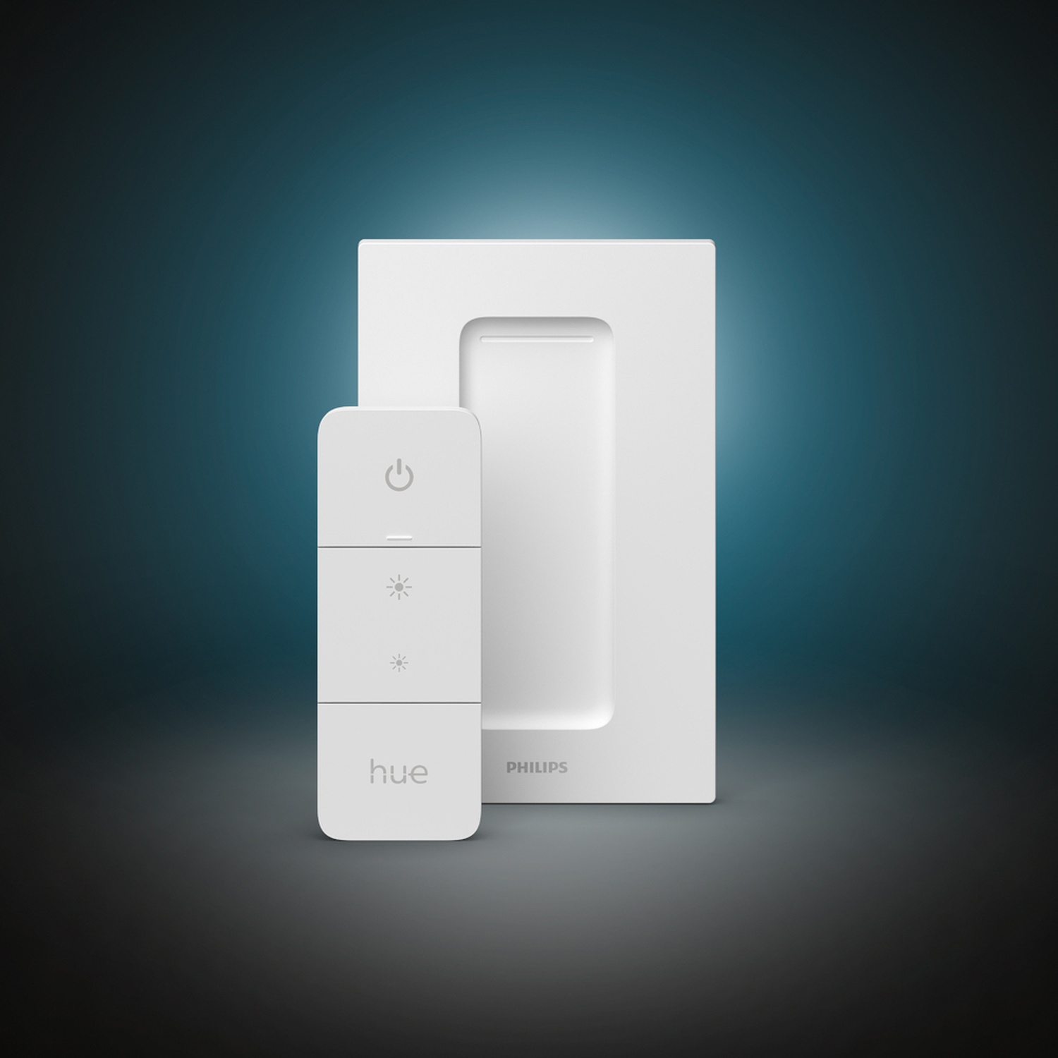 Un variateur Philips Hue blanc et son support mural sur fond bleu dégradé.