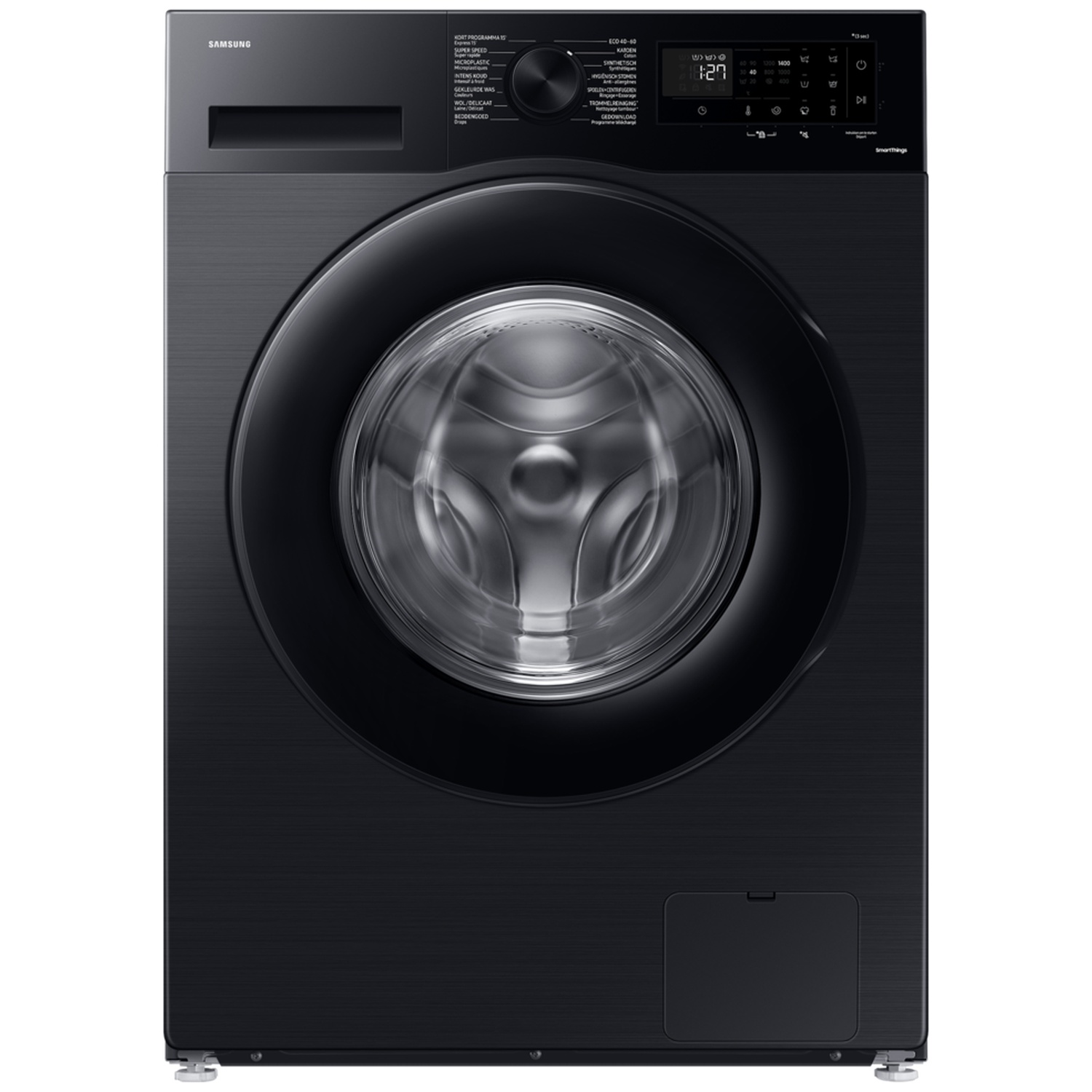 Zwarte Samsung wasmachine met digitaal display en ronde deur.