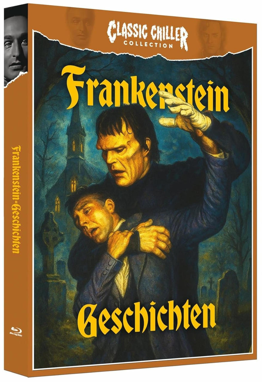 Frankenstein-Cover mit Monster, das Mann umarmt, im Friedhof mit Kirche.