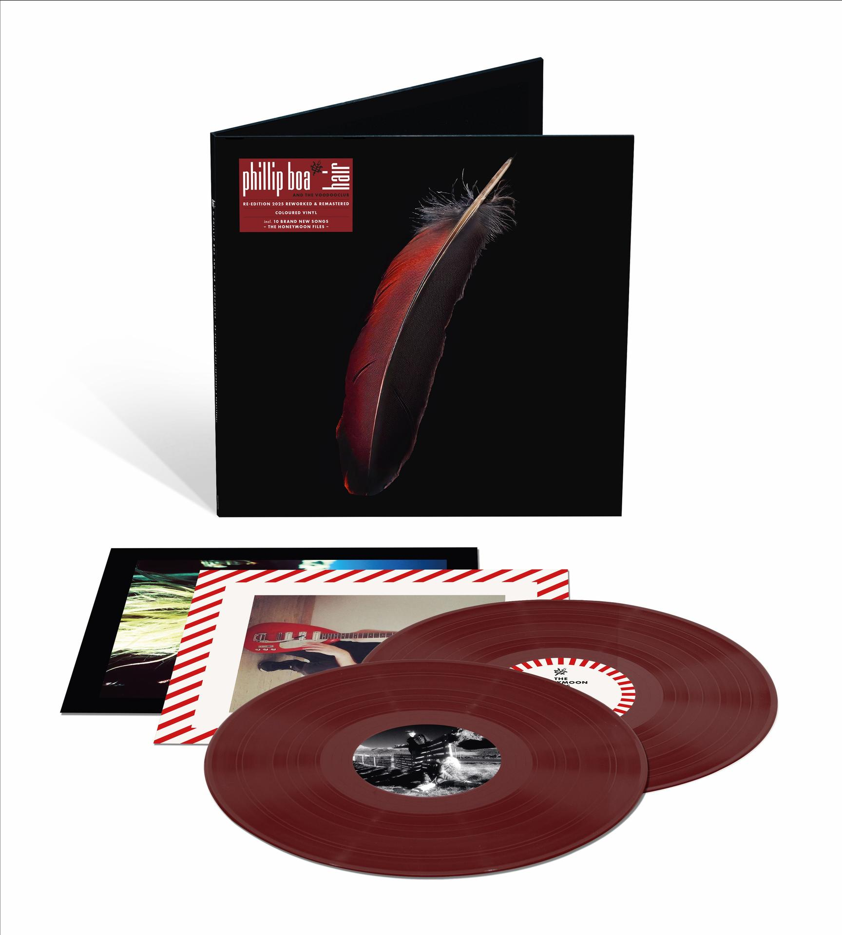 Schwarze Vinylschallplatten mit roter Feder und Albumcover.