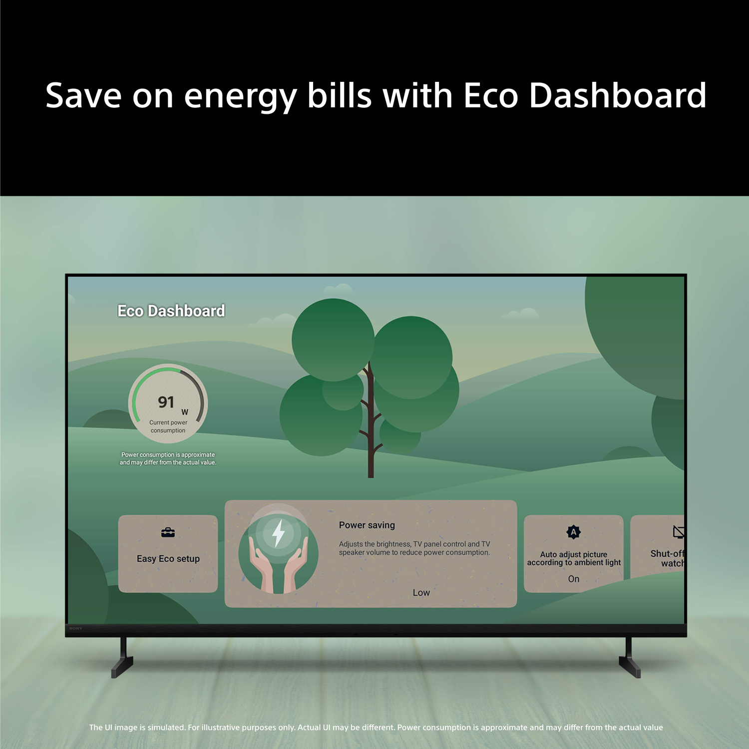 TV screen shows Eco Dashboard with current power usage and saving options.