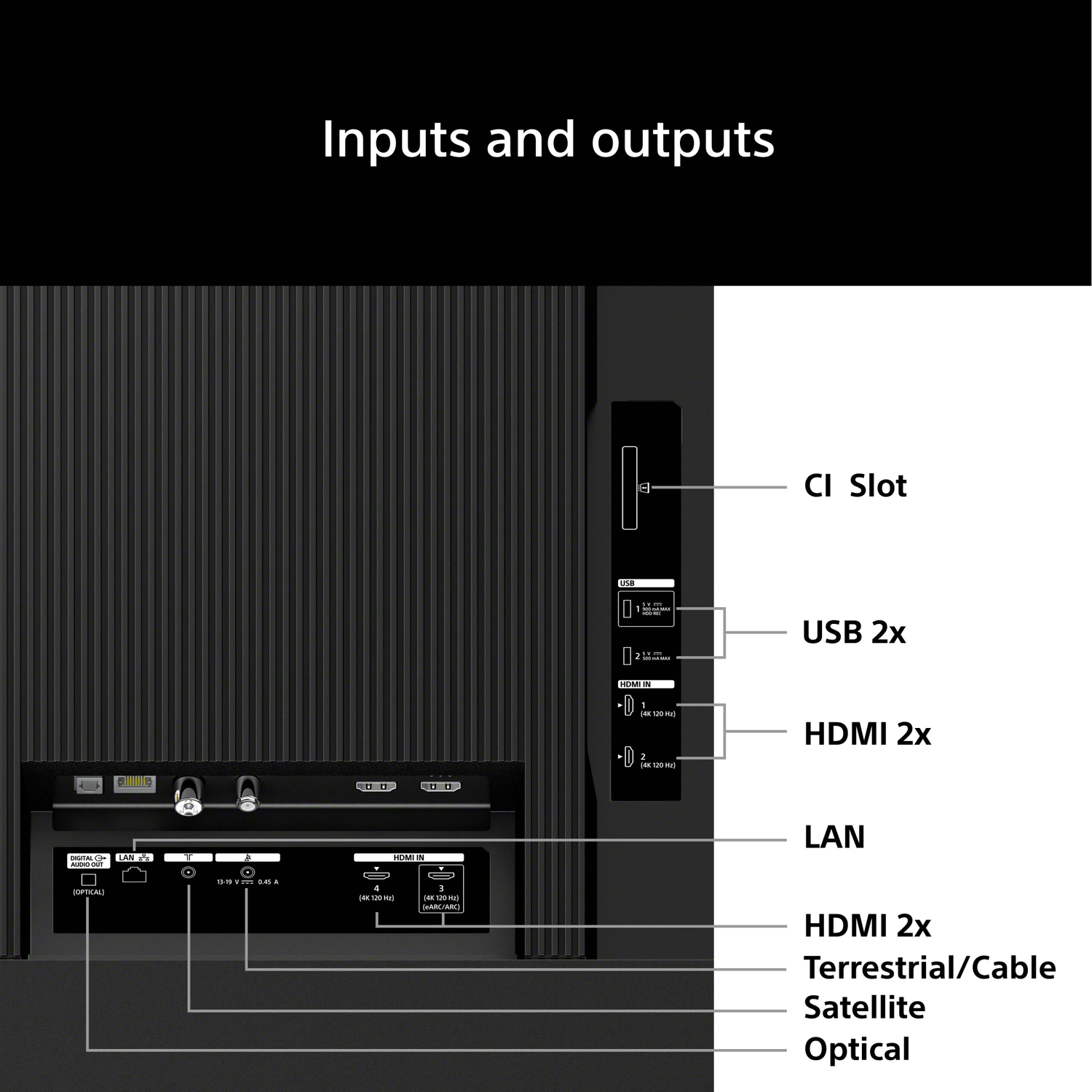 TV ports: CI slot, 2x USB, 2x HDMI, LAN, Terrestrial/Cable, Satellite, Optical.
