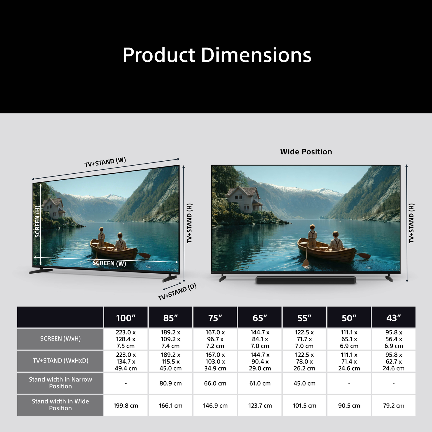 Product dimensions with tables and two TV displays.