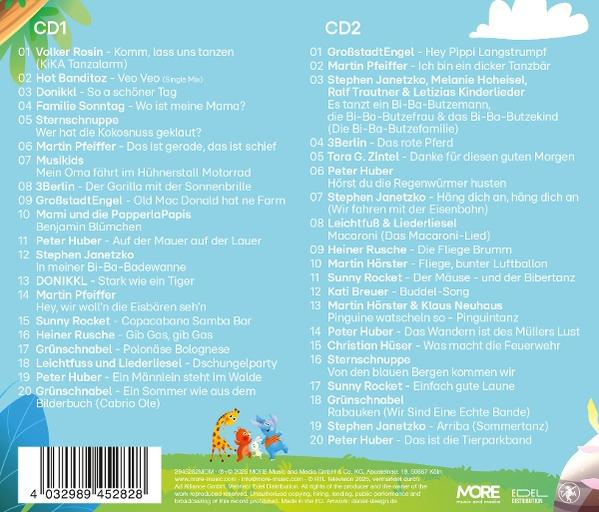 Rückseite eines Albums mit Titellisten für CD1 und CD2, unten mit einem Barcode und Illustrationen.