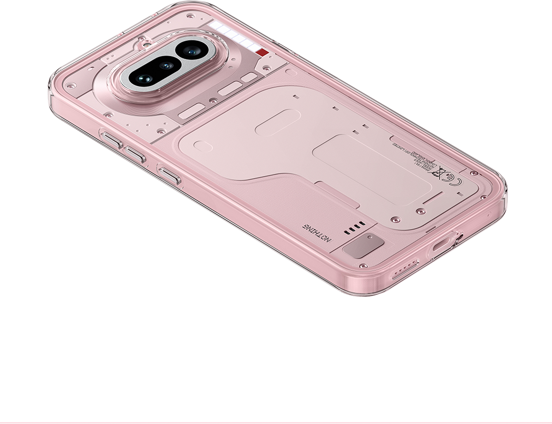 Átlátszó rózsaszín telefontok látható belső alkatrészekkel.