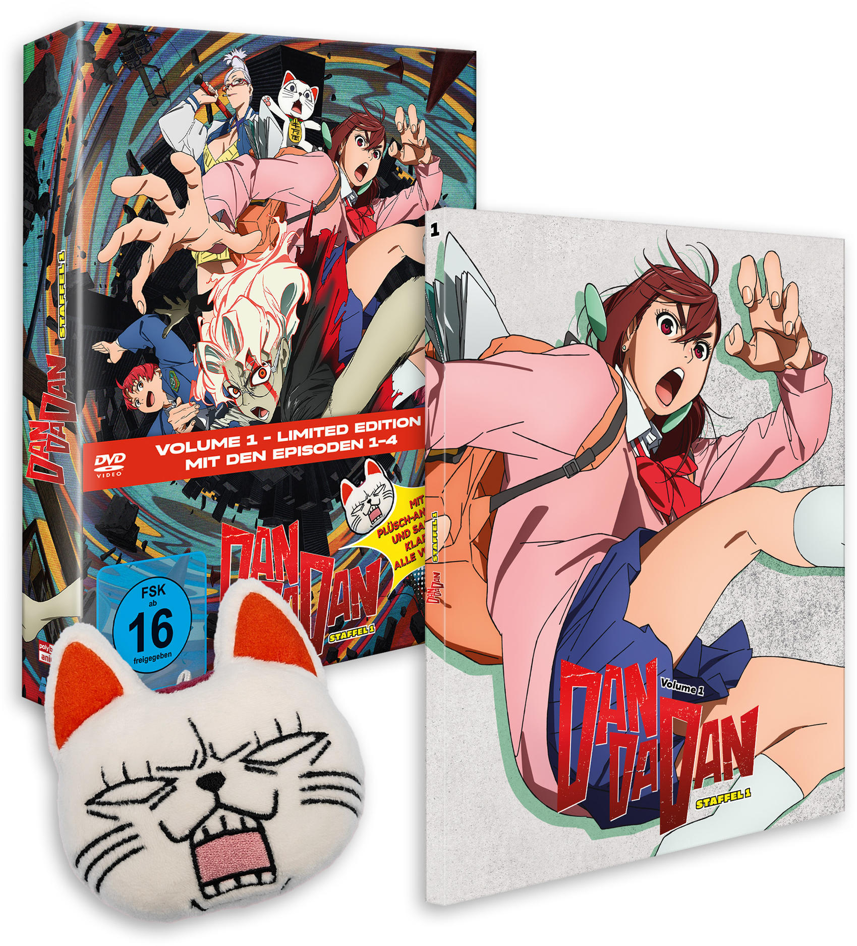Anime DVD-Box mit Plüschtier: Charaktere in Action-Pose, Titel 