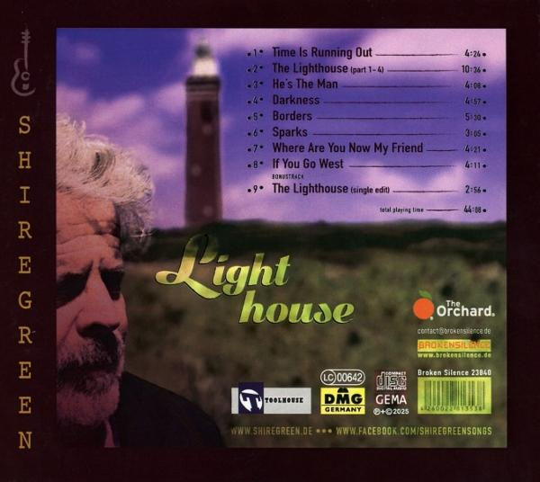 CD-Cover mit Mann, Leuchtturm und Titelliste. Gelbe Schrift 'Light house'.