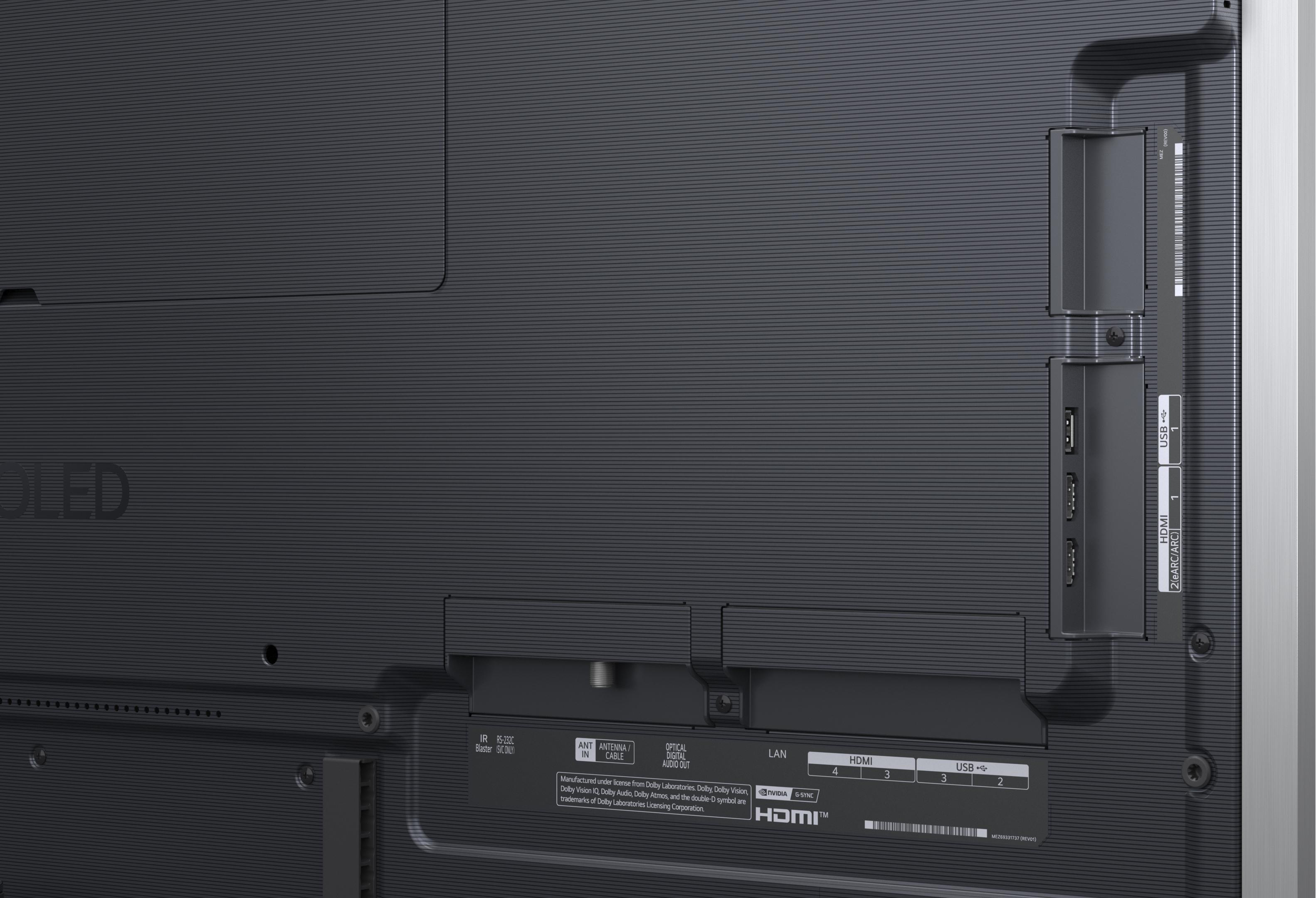 Rückseite eines OLED-Fernsehers mit Anschlüssen: HDMI, USB, LAN, Antenne und Audioausgang.
