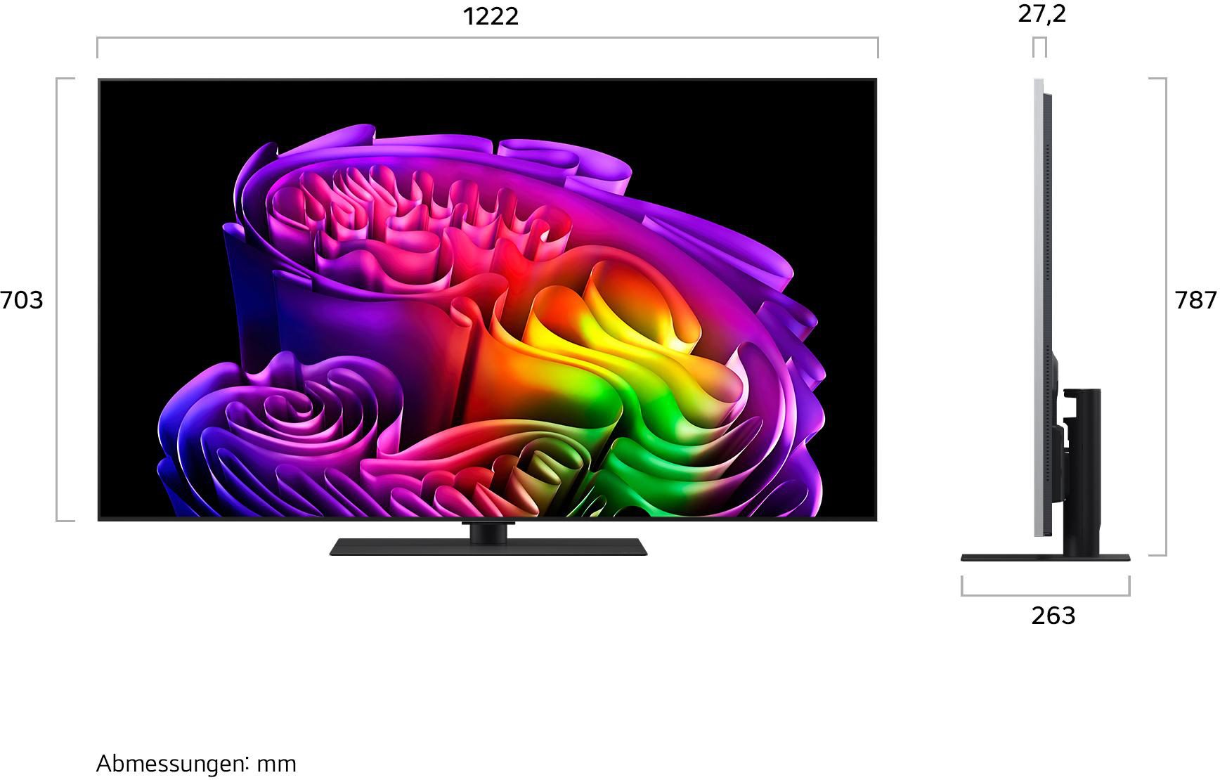 Ein großer Fernseher mit einem bunten, abstrakten Bild auf dem Bildschirm. Maße sind angegeben.