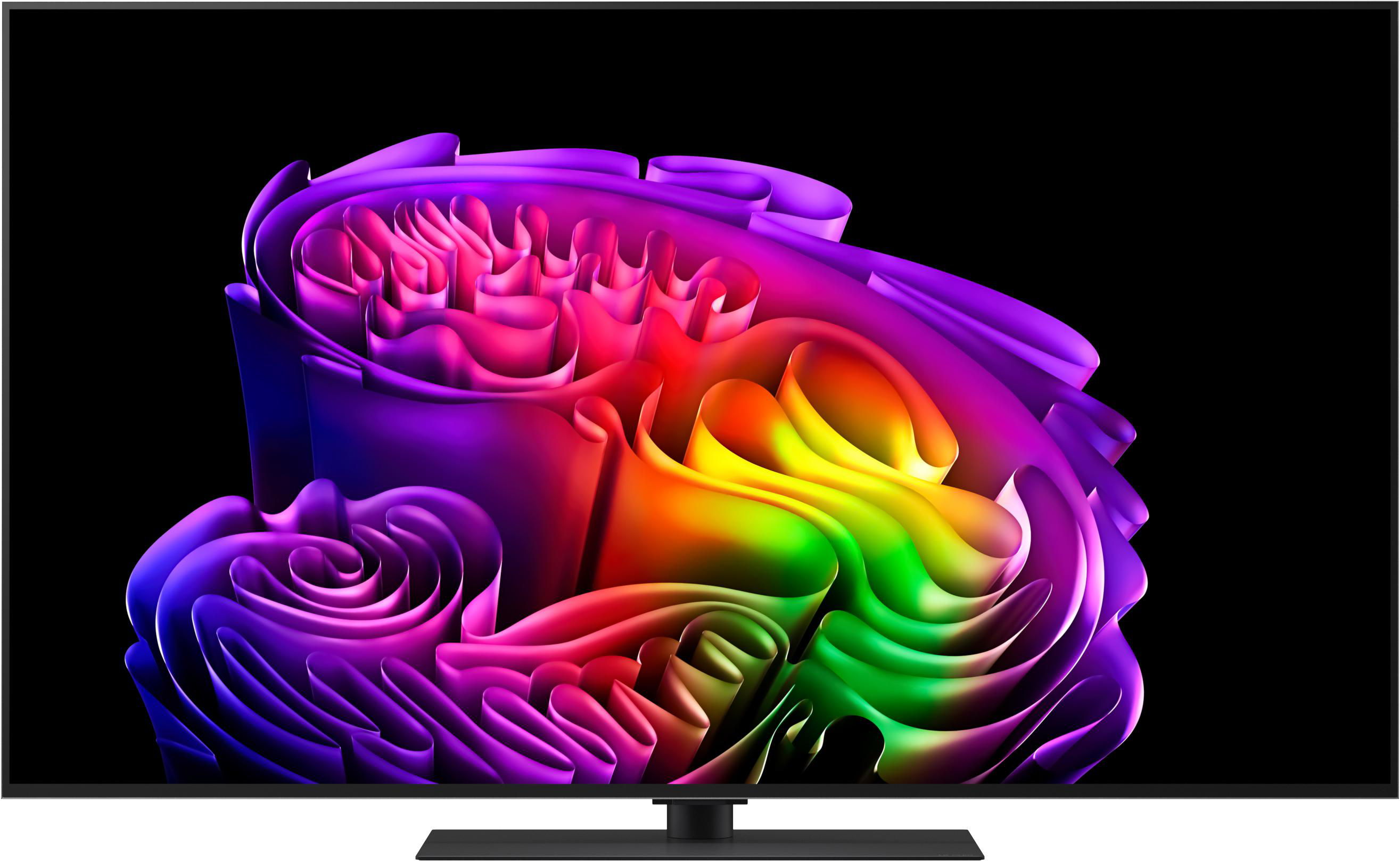 Ein Fernseher zeigt ein lebendiges abstraktes Bild mit wirbelnden lila, rosa und grünen Bändern.