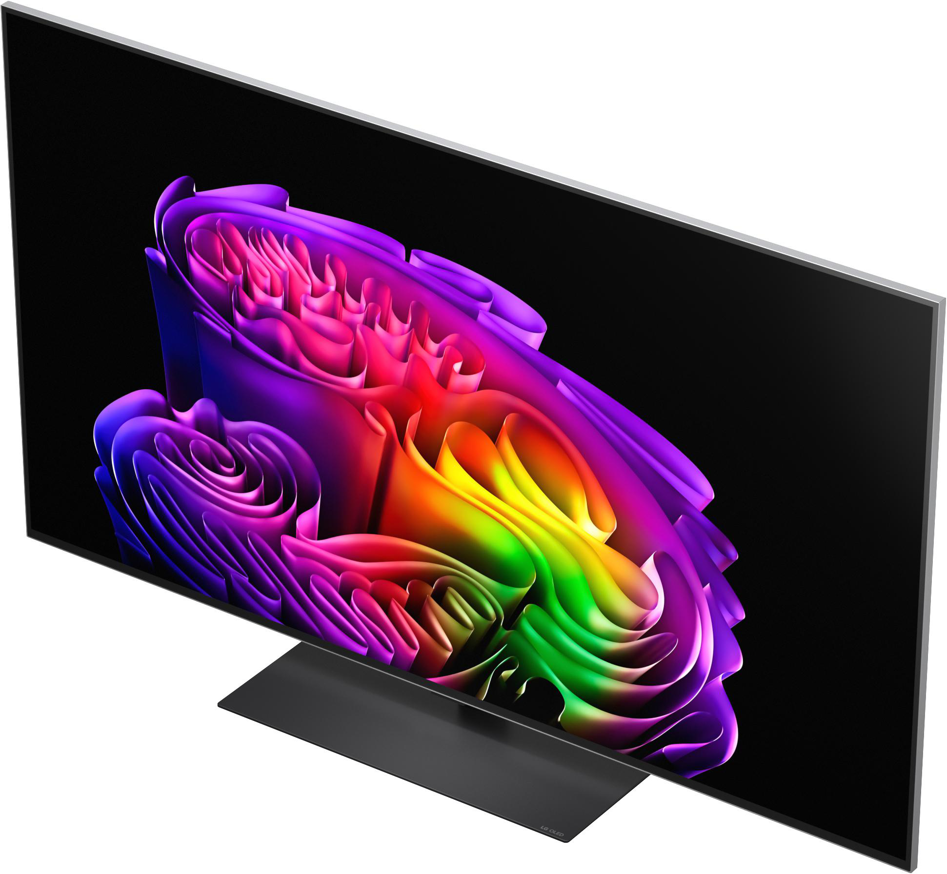 Ein moderner OLED-Fernseher mit einem bunten, abstrakten Bild auf dem Bildschirm.