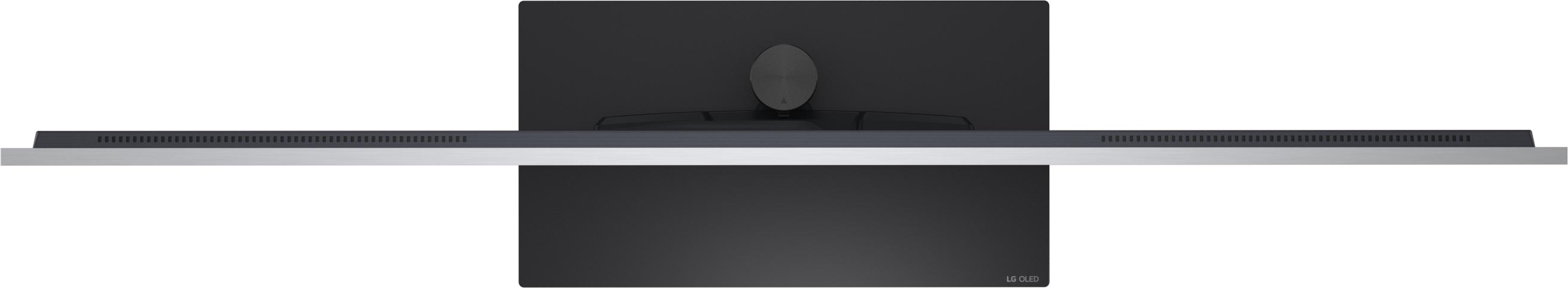 Ein schwarzer LG OLED Monitor von oben mit silbernem Standfuß.