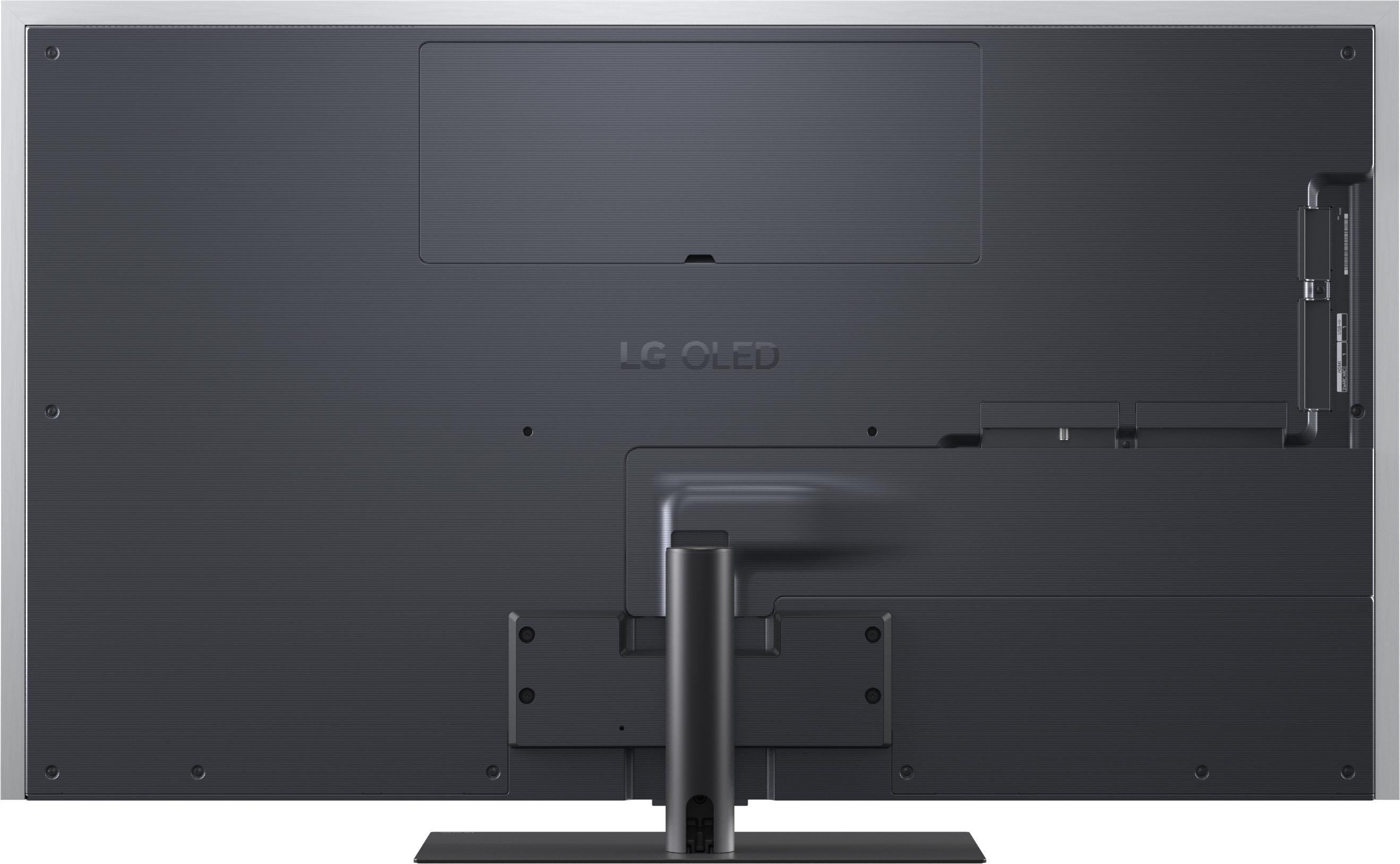 Rückseite eines LG OLED-Fernsehers mit Ständer und Anschlüssen.
