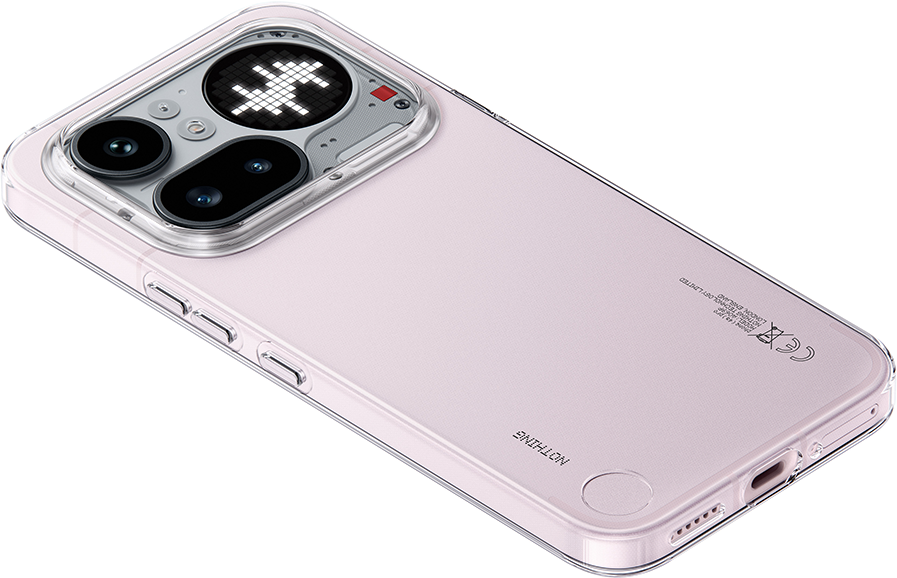 Átlátszó, rózsaarany telefon, hátul pixeles villám ikonnal.