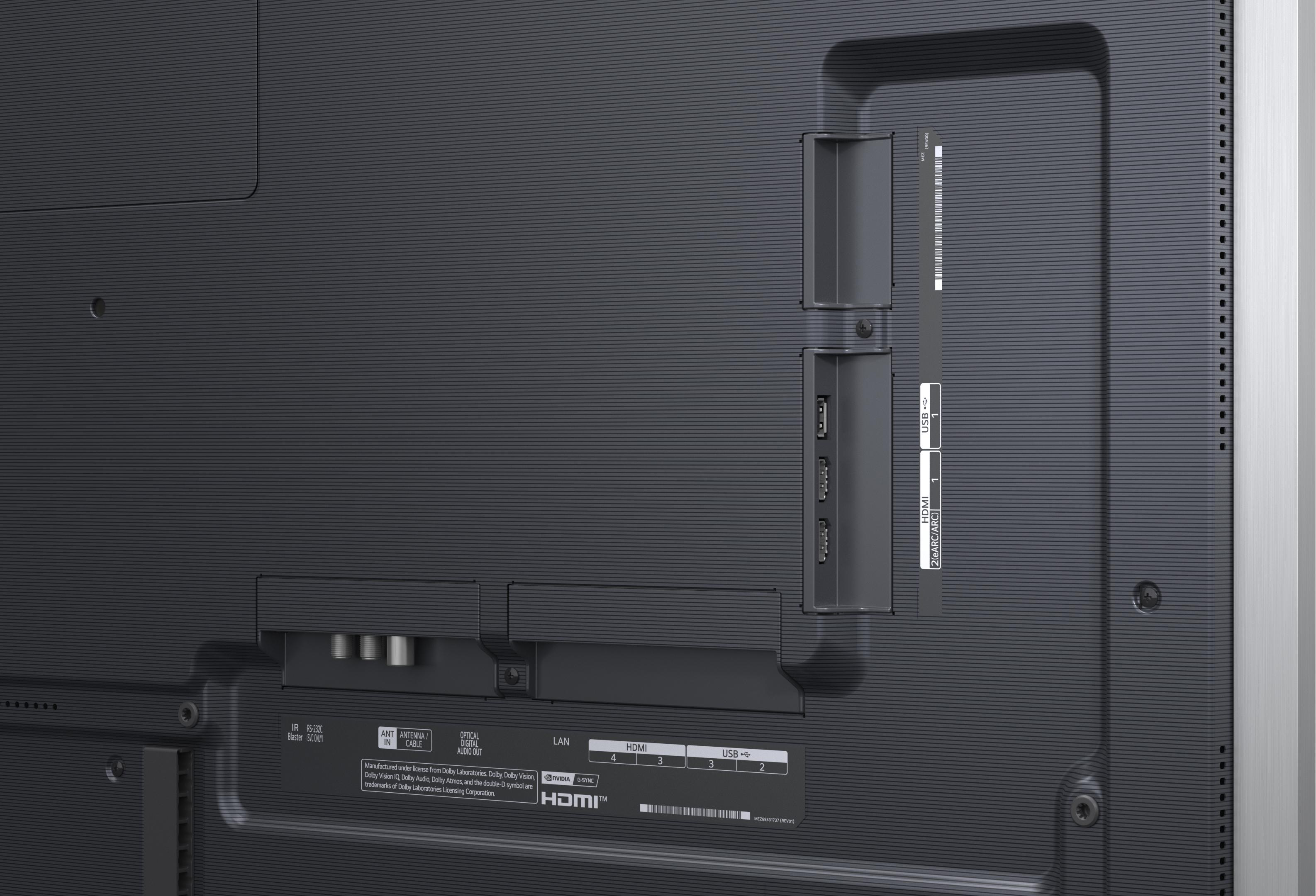 Rückseite eines Fernsehers mit Anschlüssen: HDMI, USB, LAN, Optisch, Antenne.