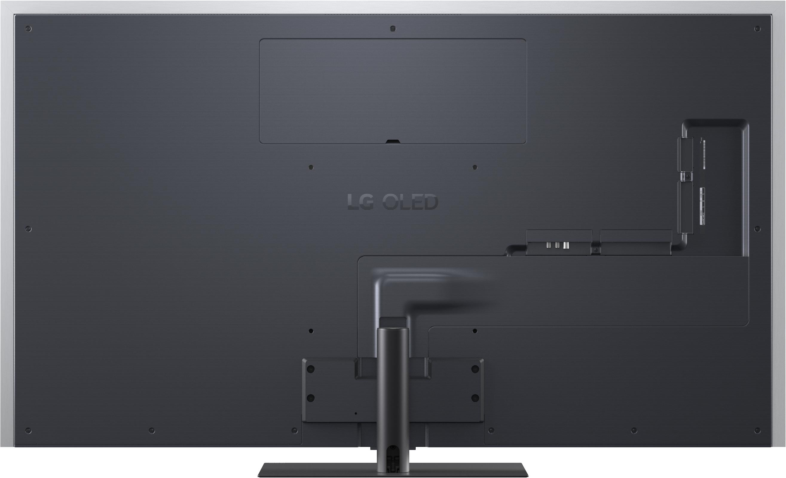 Rückseite eines dunklen Fernsehers mit LG OLED Logo und Anschlüssen.