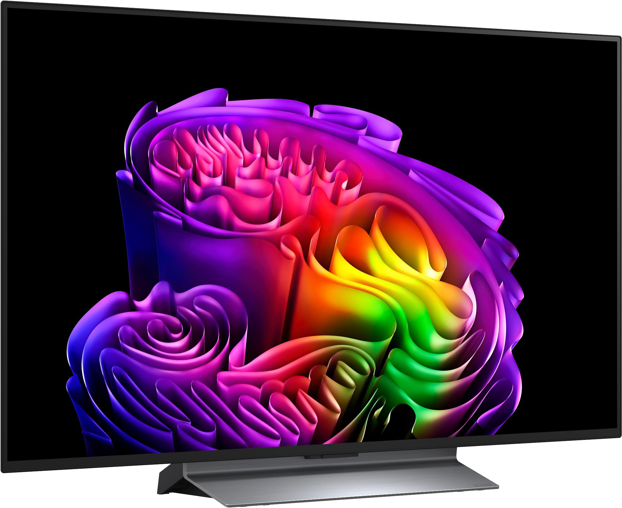 Ein moderner Fernseher zeigt ein abstraktes, regenbogenfarbenes Muster auf dem Bildschirm.