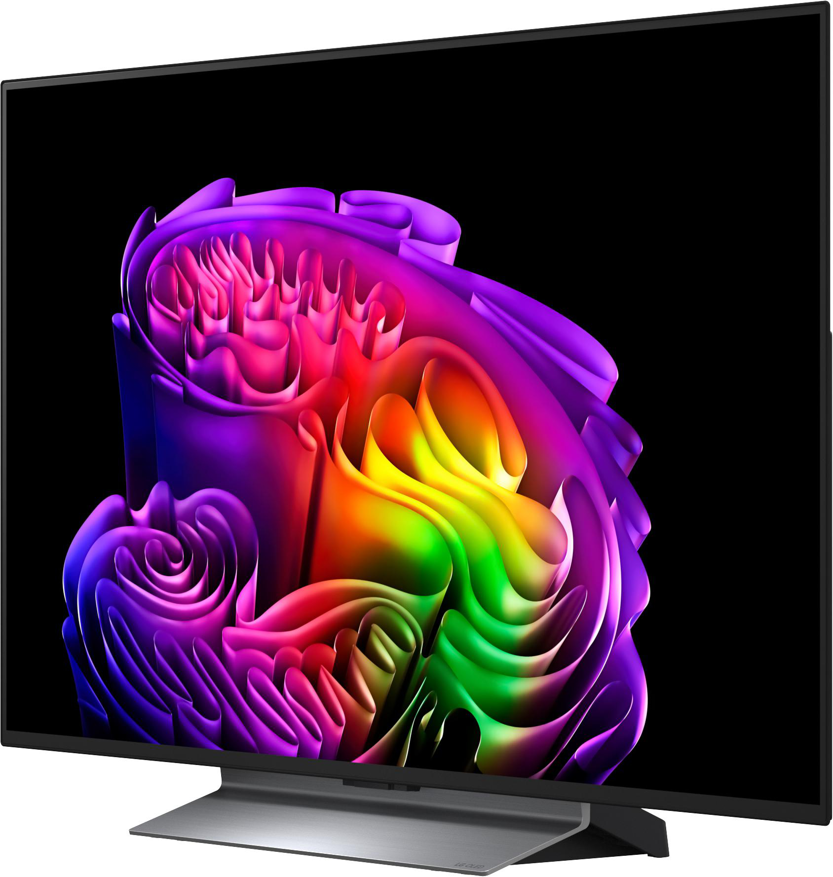 Ein Fernseher zeigt ein abstraktes, mehrfarbiges Bild mit Farbverlauf von Lila zu Rot.