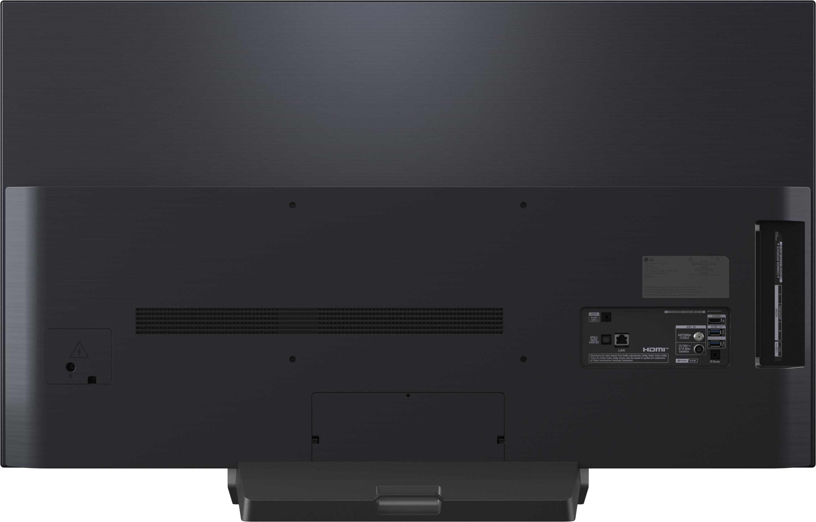 Rückseite eines Fernsehers mit Anschlüssen wie HDMI, USB und LAN.