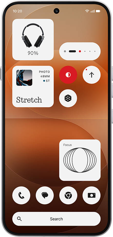 Telefonképernyő widgetekkel: fejhallgató, fotó, fókusz és app ikonok.