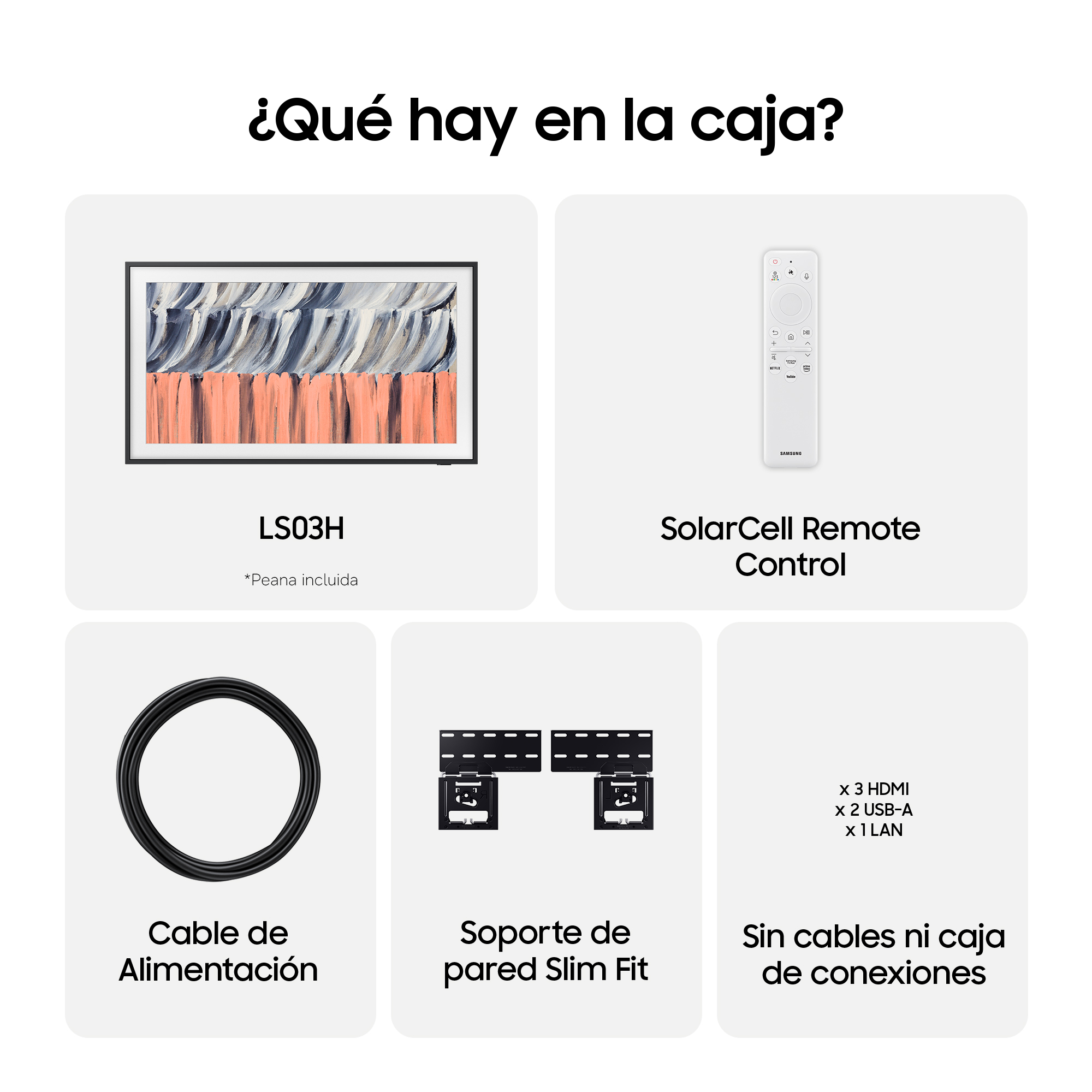 Imagen muestra contenido de caja Samsung: TV, control remoto, cable, soporte, conectores.