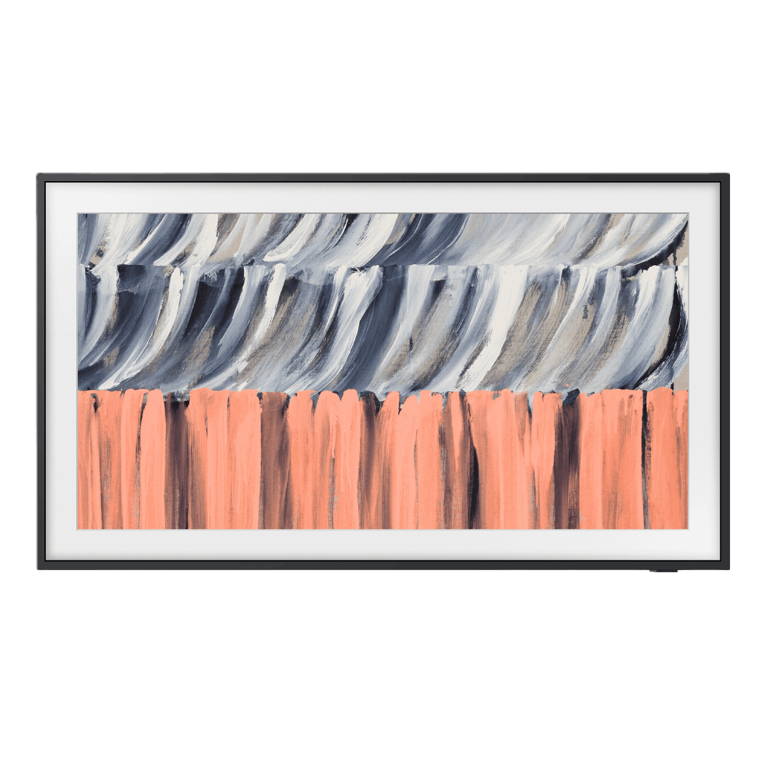 Pintura abstracta con trazos verticales naranjas debajo y trazos curvos grises/blancos arriba.
