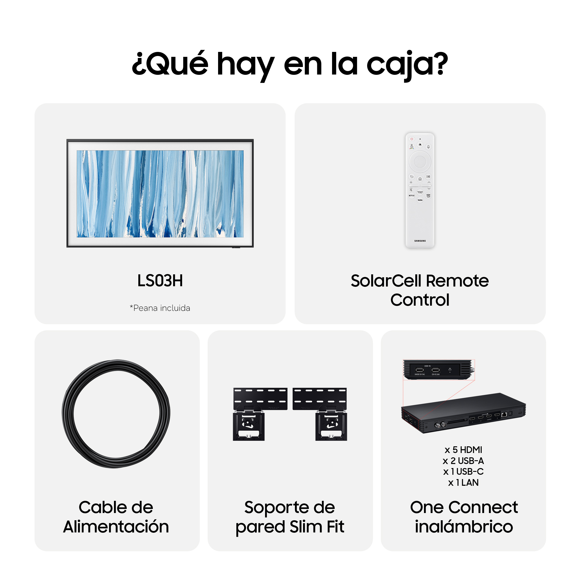 Contenido de la caja: TV, control, cable, soporte, One Connect con puertos.