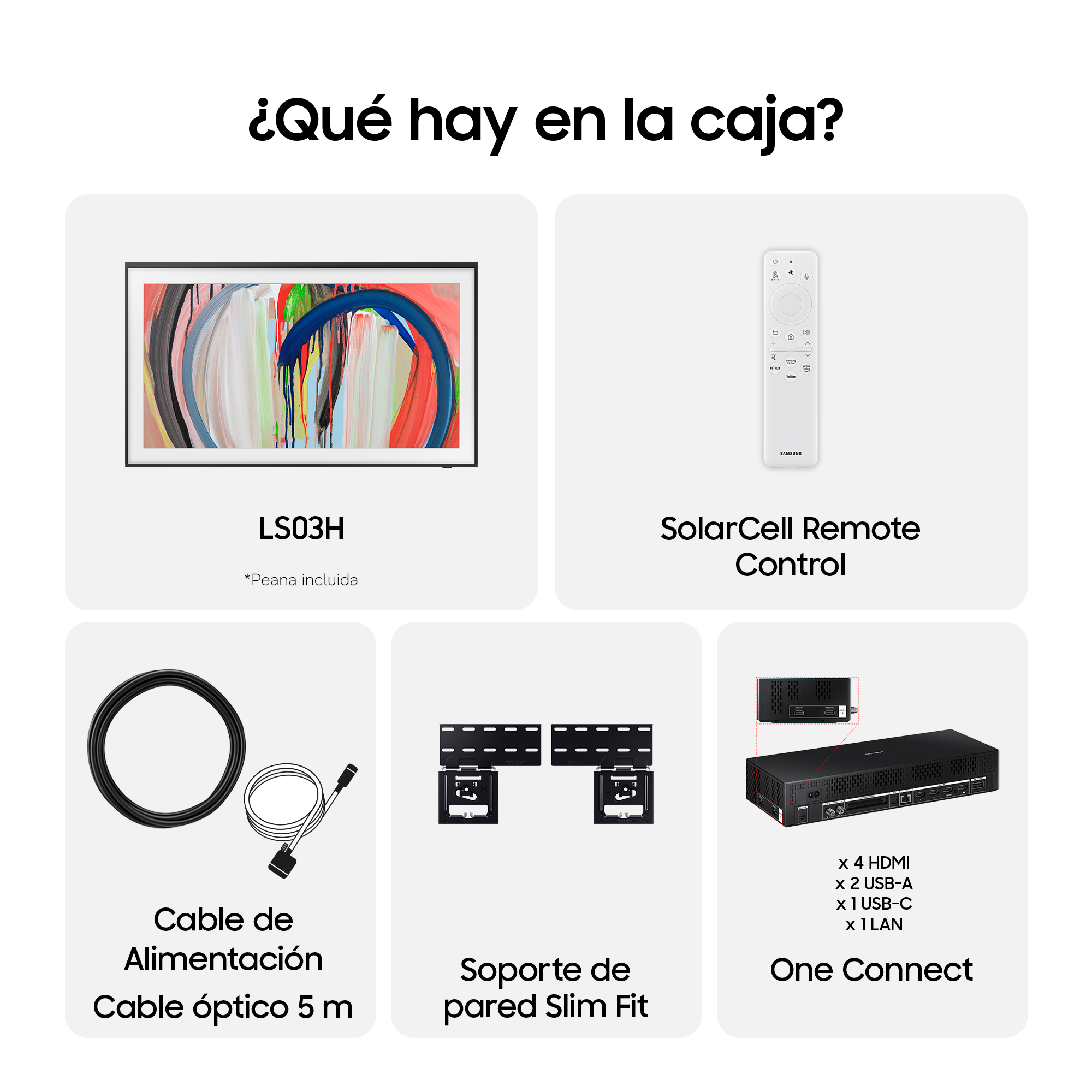 Pantalla, mando, cables, soporte y caja One Connect