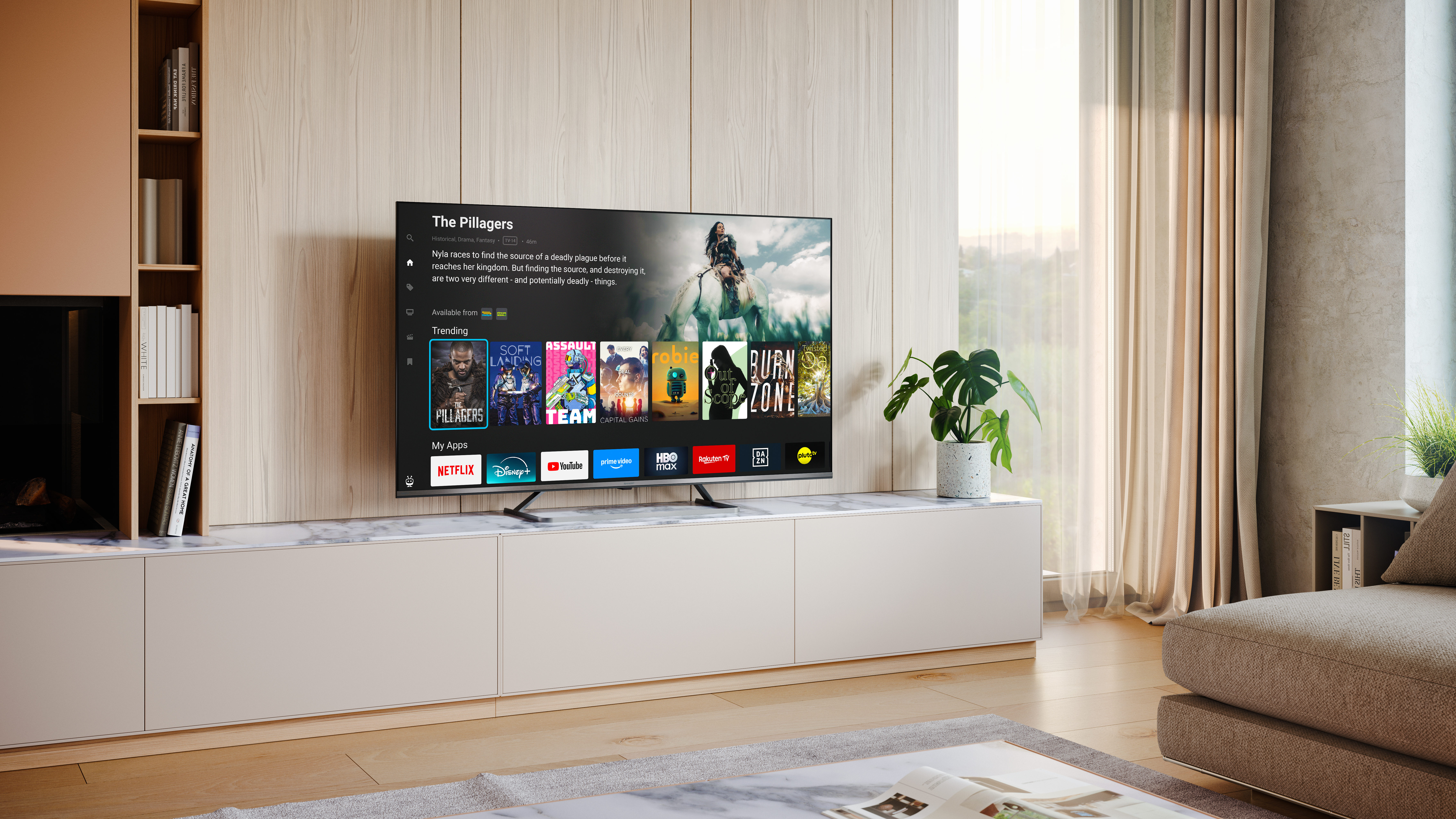 Nowoczesny salon z telewizorem wyświetlającym interfejs aplikacji streamingowej.