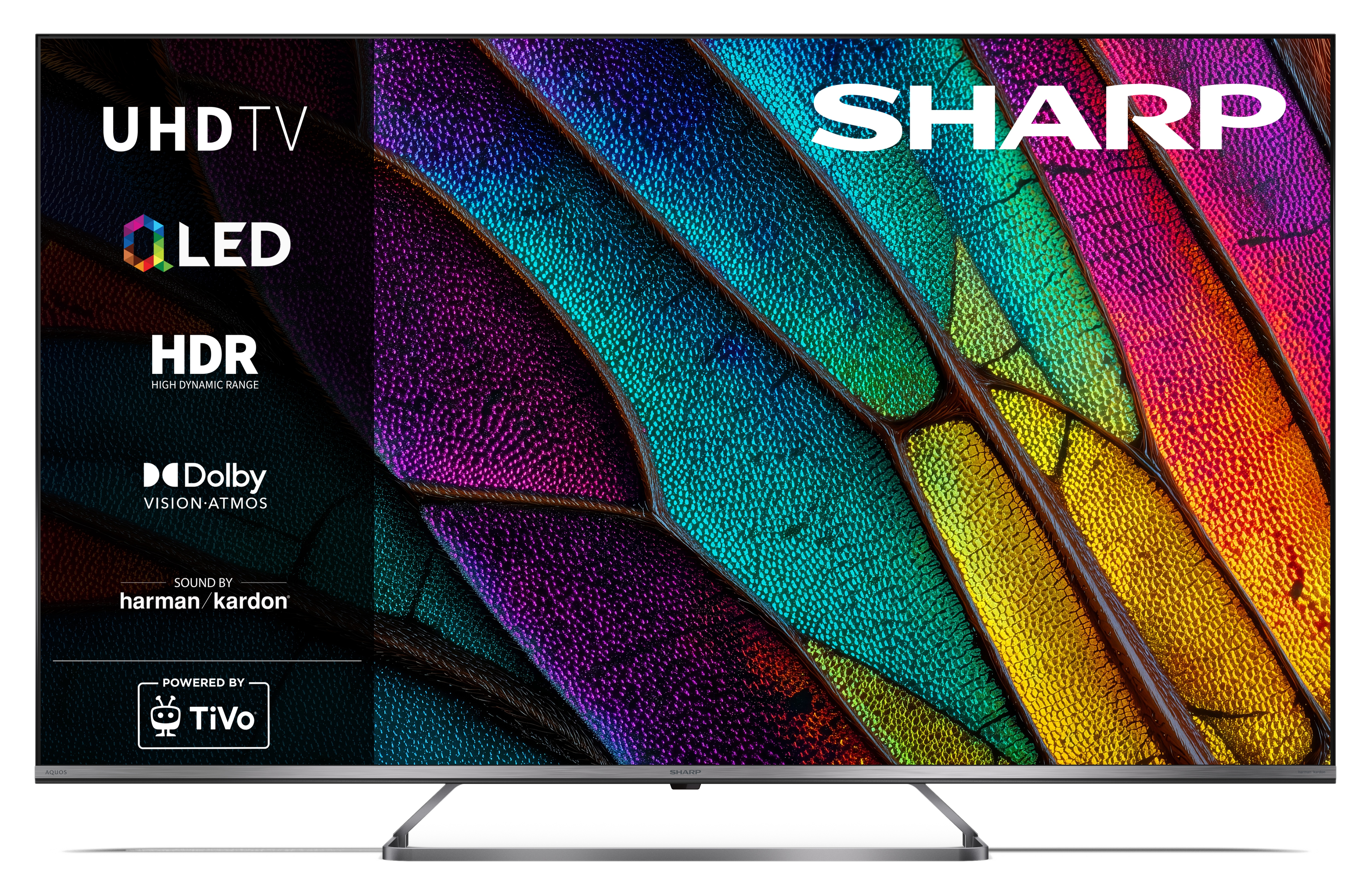 Telewizor Sharp UHD z kolorowym obrazem, HDR i Dolby Vision Atmos.