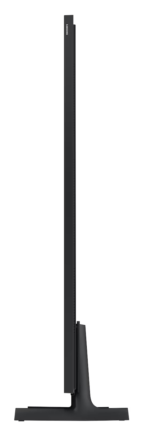 Czarny telewizor Samsung z boku ze stojakiem.