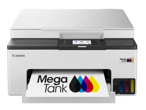 Biała drukarka Canon Mega Tank z kartką papieru pokazującą kolorowe krople atramentu.