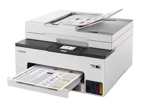 Biała drukarka Canon Mega Tank z papierami w podajniku i tacce wyjściowej.