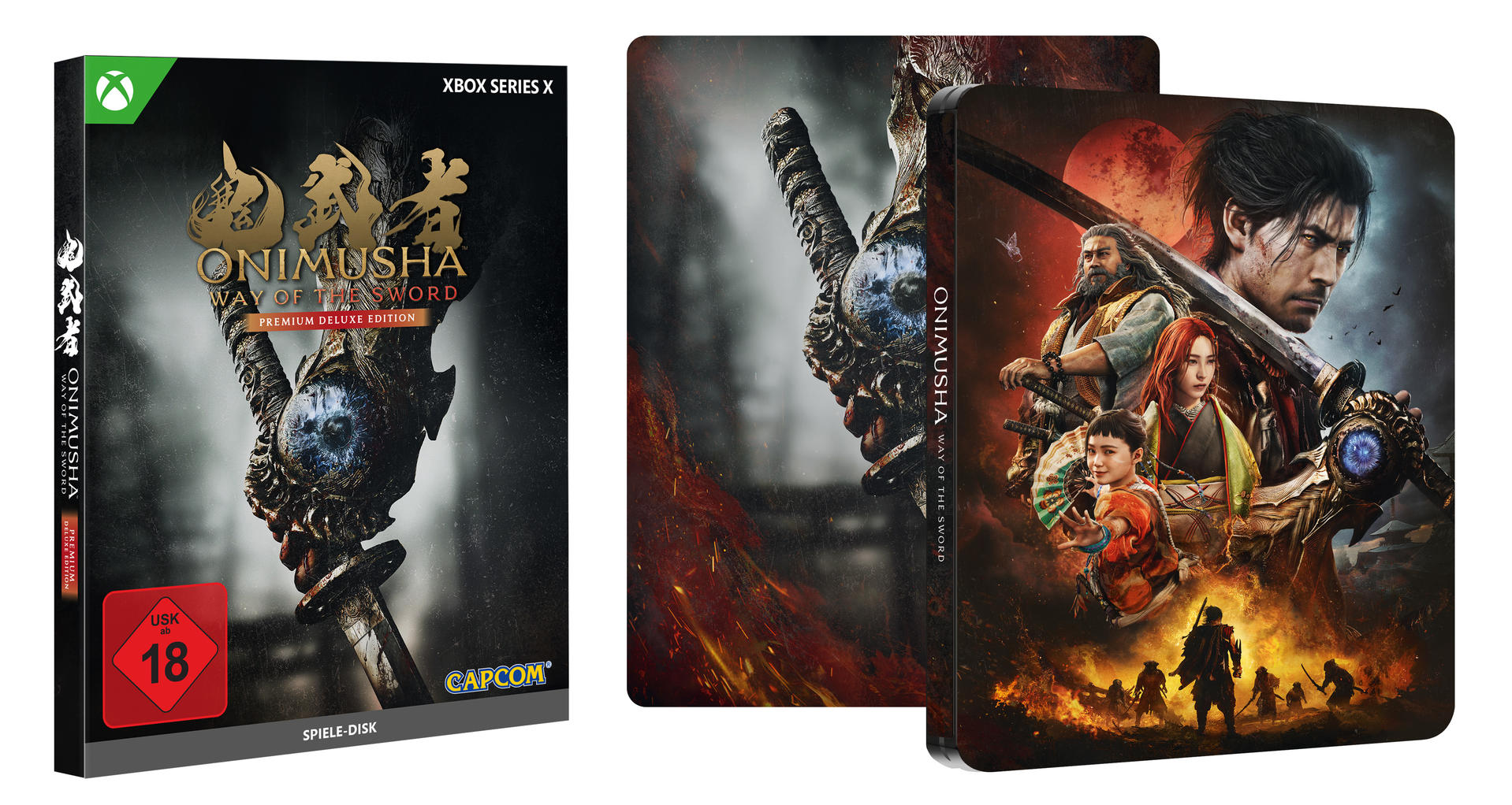 Onimusha: Way of the Sword Steelbook & Spiel-Disk mit Charakteren und Logo.