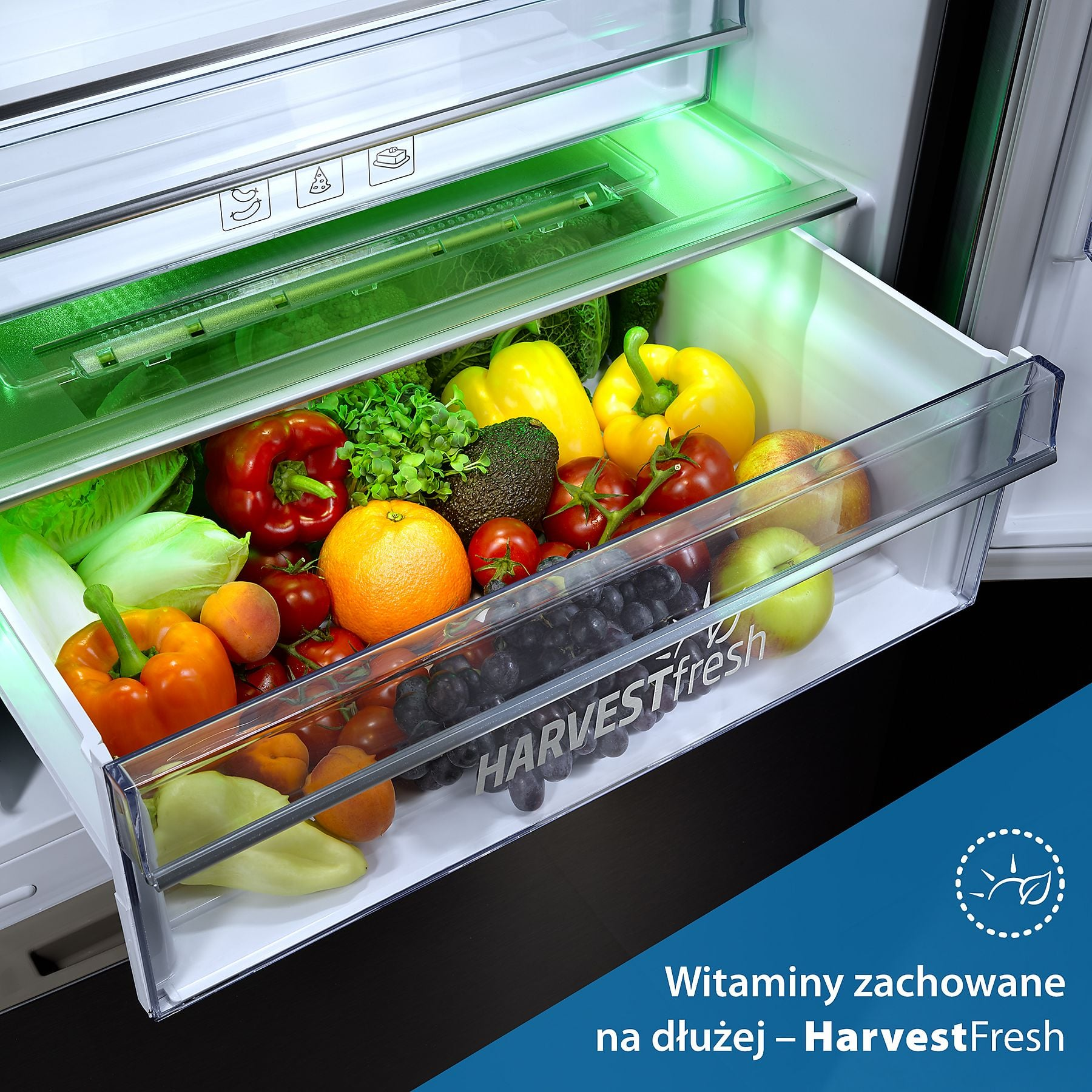Szuflada lodówki pełna owoców i warzyw: papryki, pomarańcze, winogrona, jabłka, awokado.